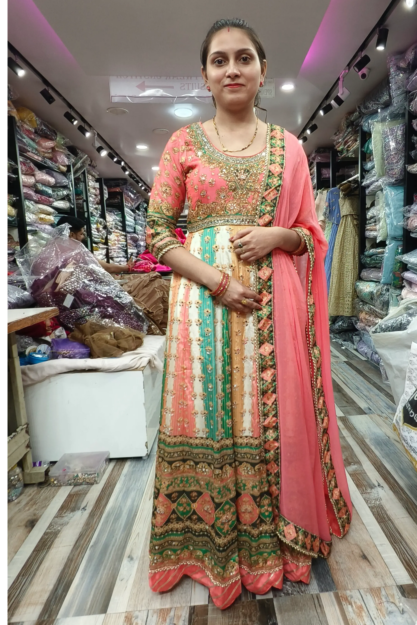 Chinnon Silk Mirror Work embroidered Anarkali Dress With Duppatta In Multi