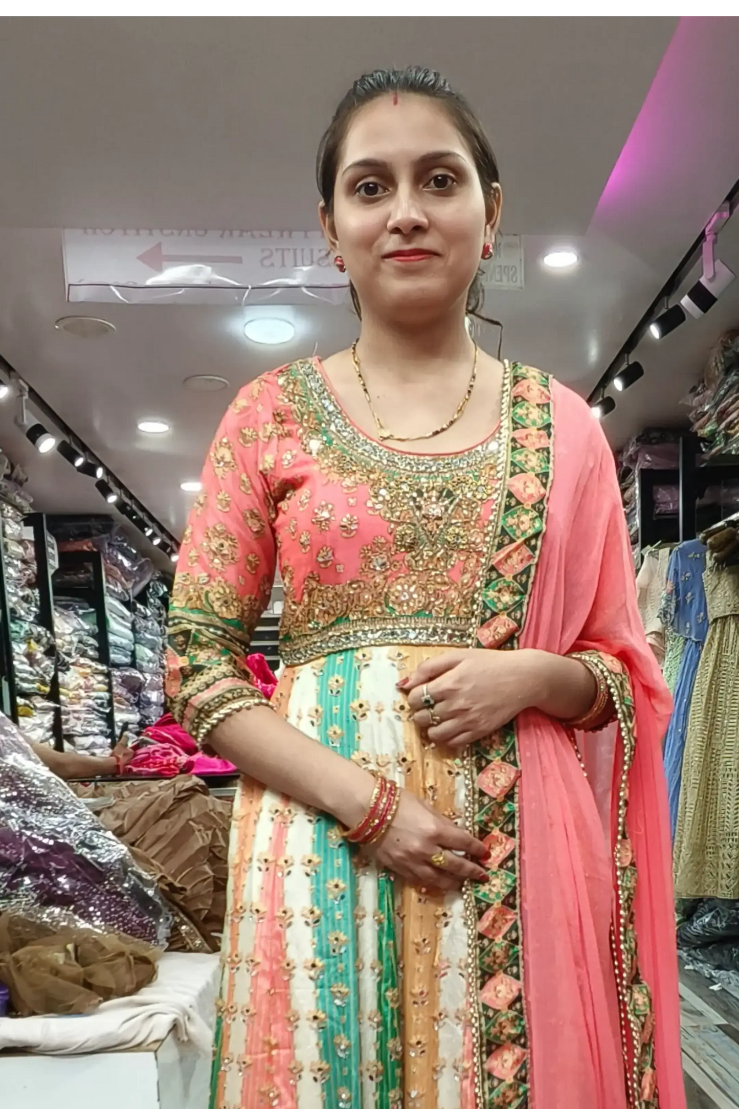 Chinnon Silk Mirror Work embroidered Anarkali Dress With Duppatta In Multi