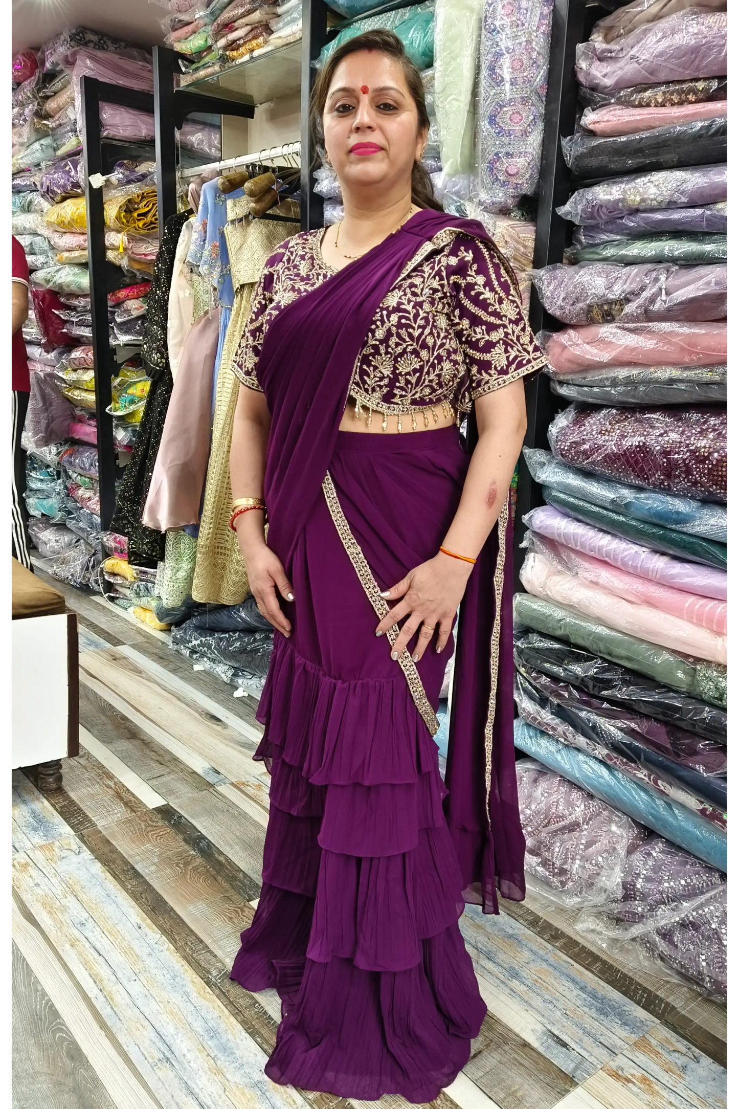 Ready To Wear Georgette Drape Dress With Embellished Half Sleeves Readymade Blouse In Wine