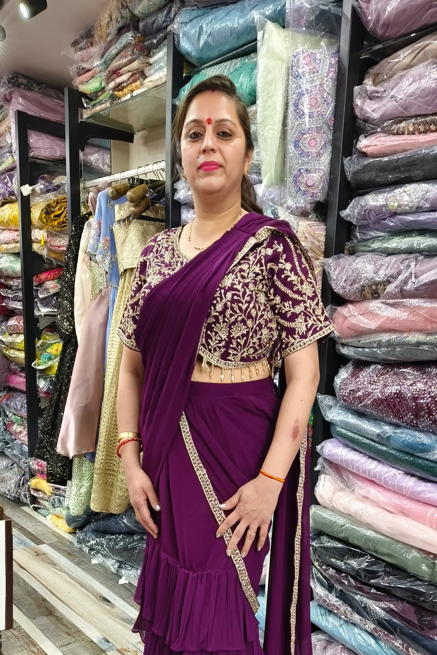 Ready To Wear Georgette Drape Dress With Embellished Half Sleeves Readymade Blouse In Wine