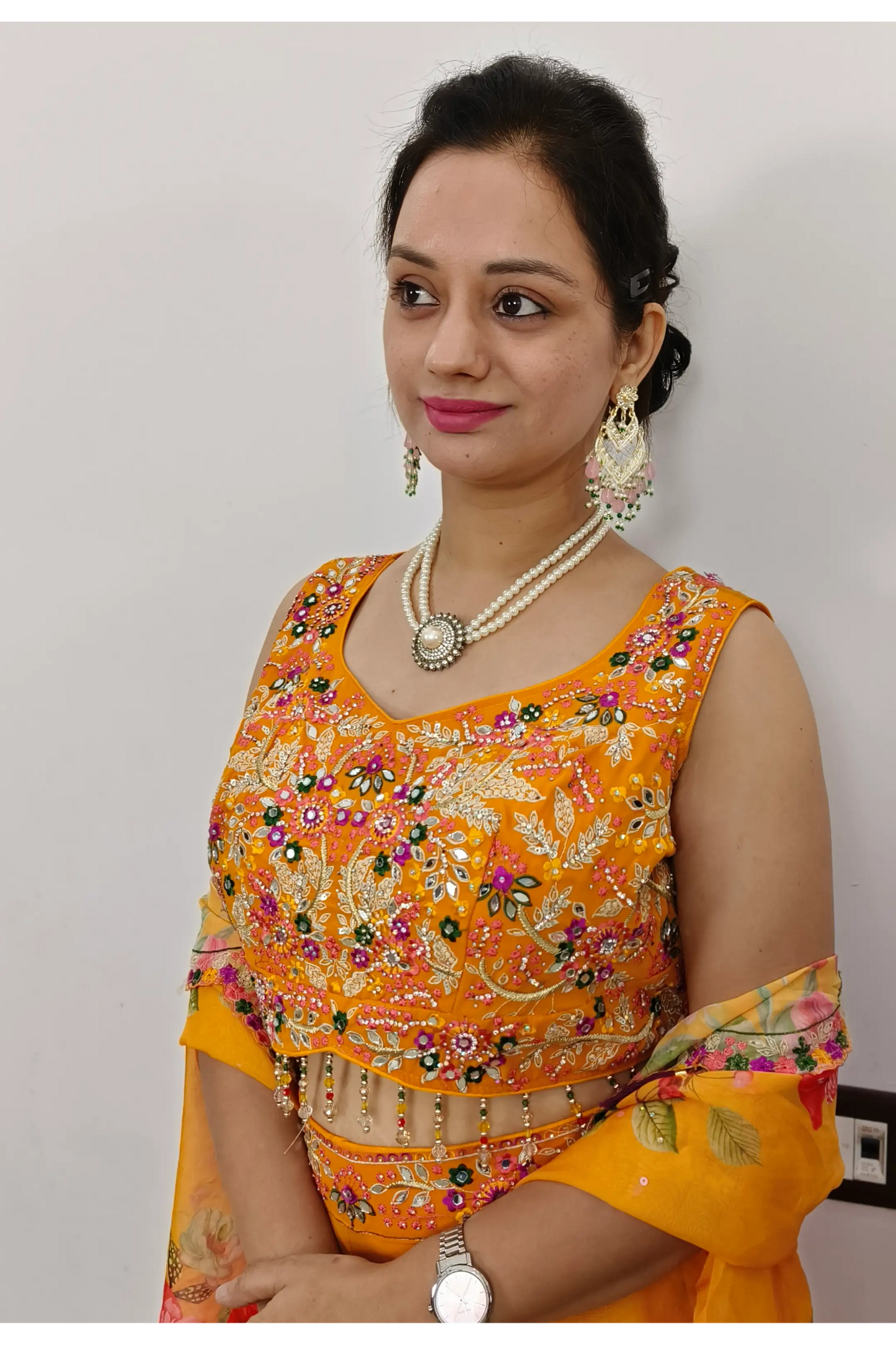 Indo Western Three Piece Dress With Shrug In Rust Orange For Haldi Occasion