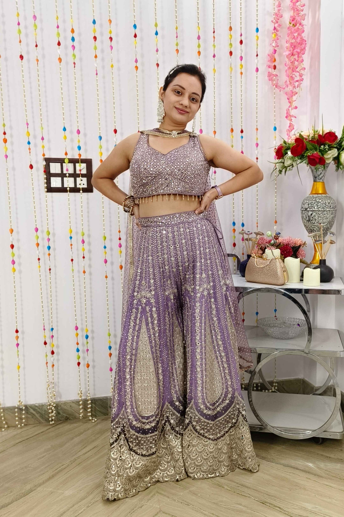 Full heavy  Georgette Embellished Ombre Die Partywear Crop Top Sharara With Cape Net Shrug in Purple