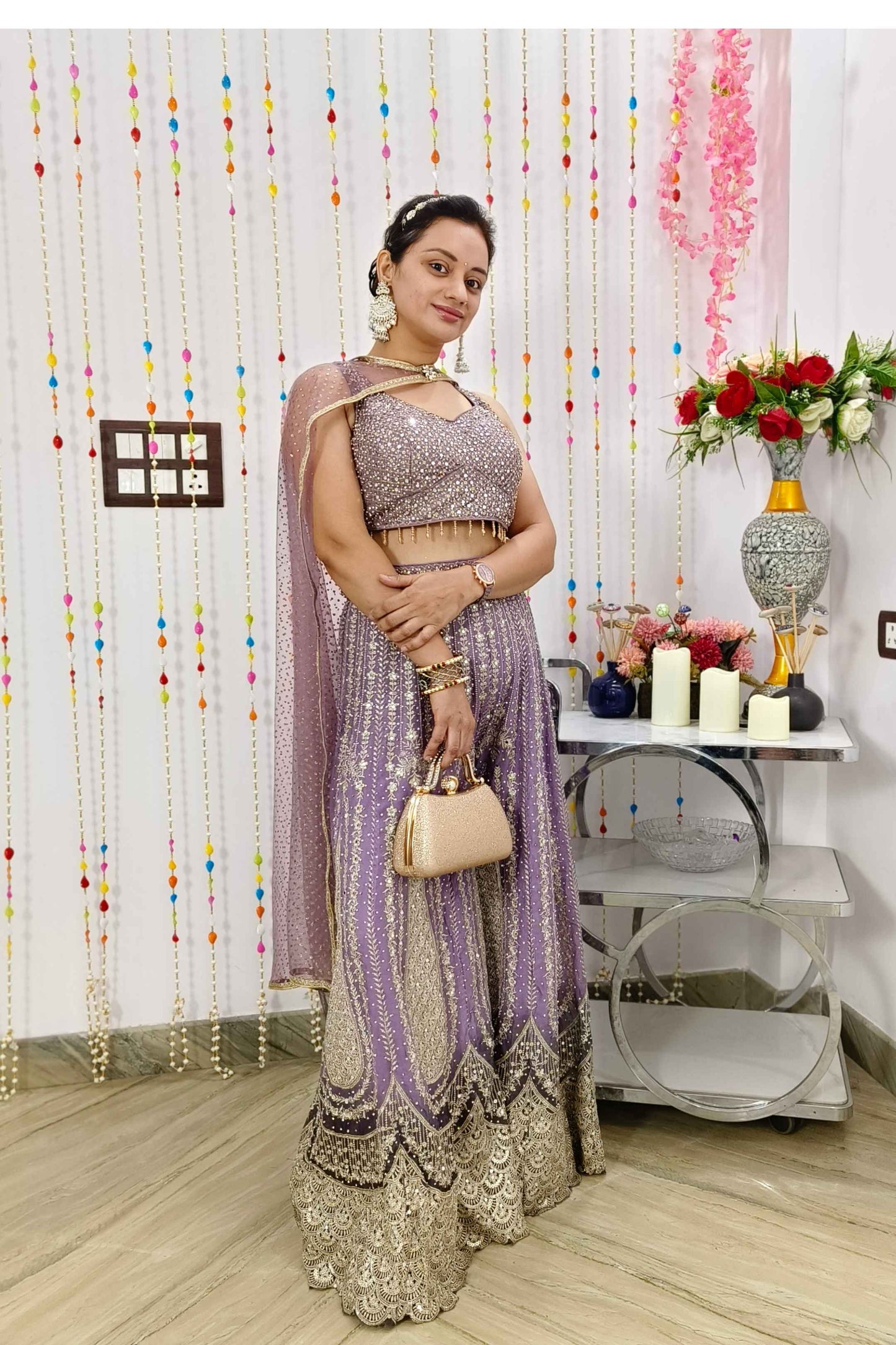 Full heavy  Georgette Embellished Ombre Die Partywear Crop Top Sharara With Cape Net Shrug in Purple