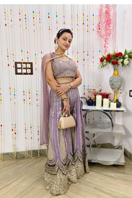 Full heavy  Georgette Embellished Ombre Die Partywear Crop Top Sharara With Cape Net Shrug in Purple