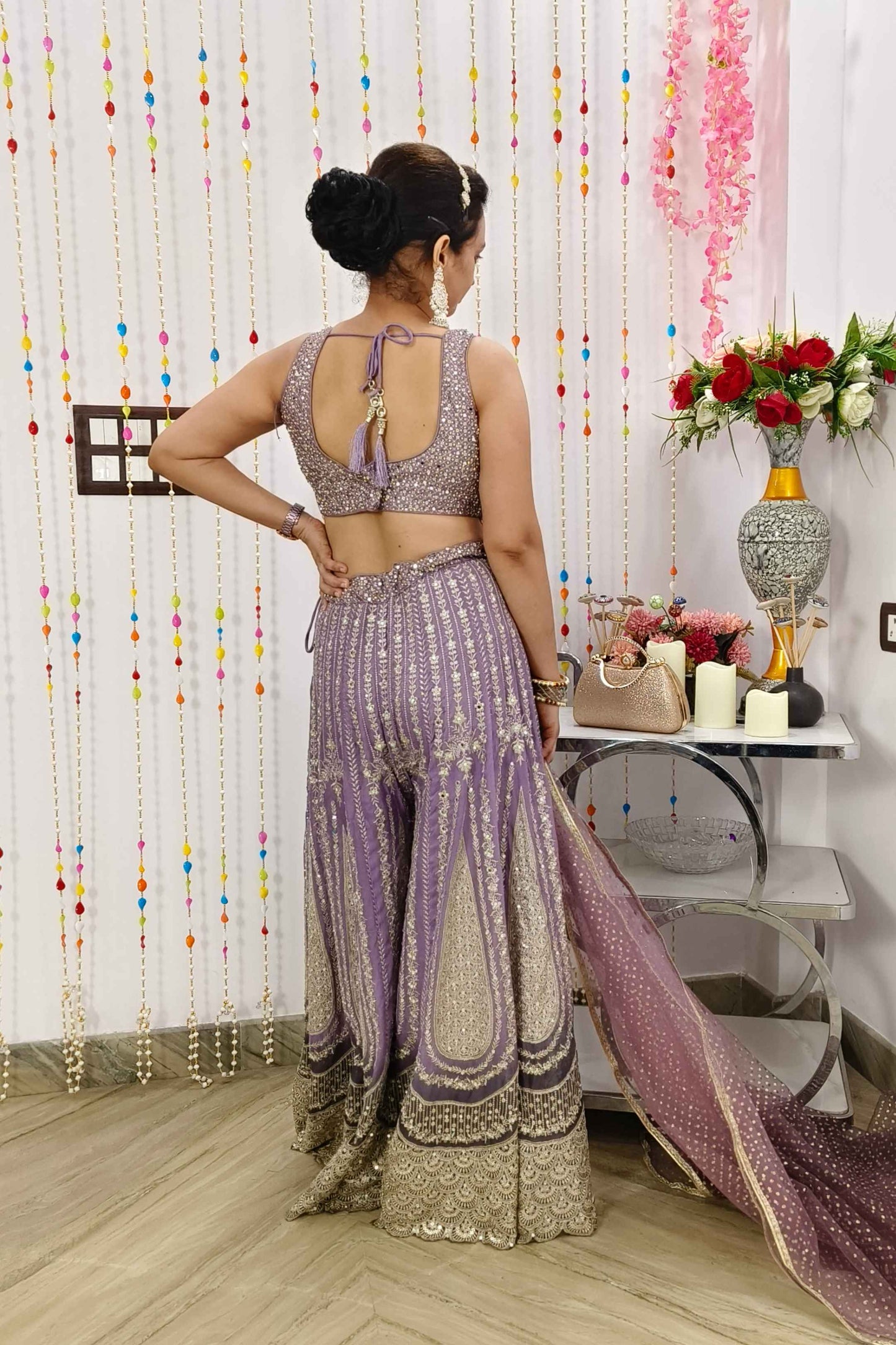 Full heavy  Georgette Embellished Ombre Die Partywear Crop Top Sharara With Cape Net Shrug in Purple