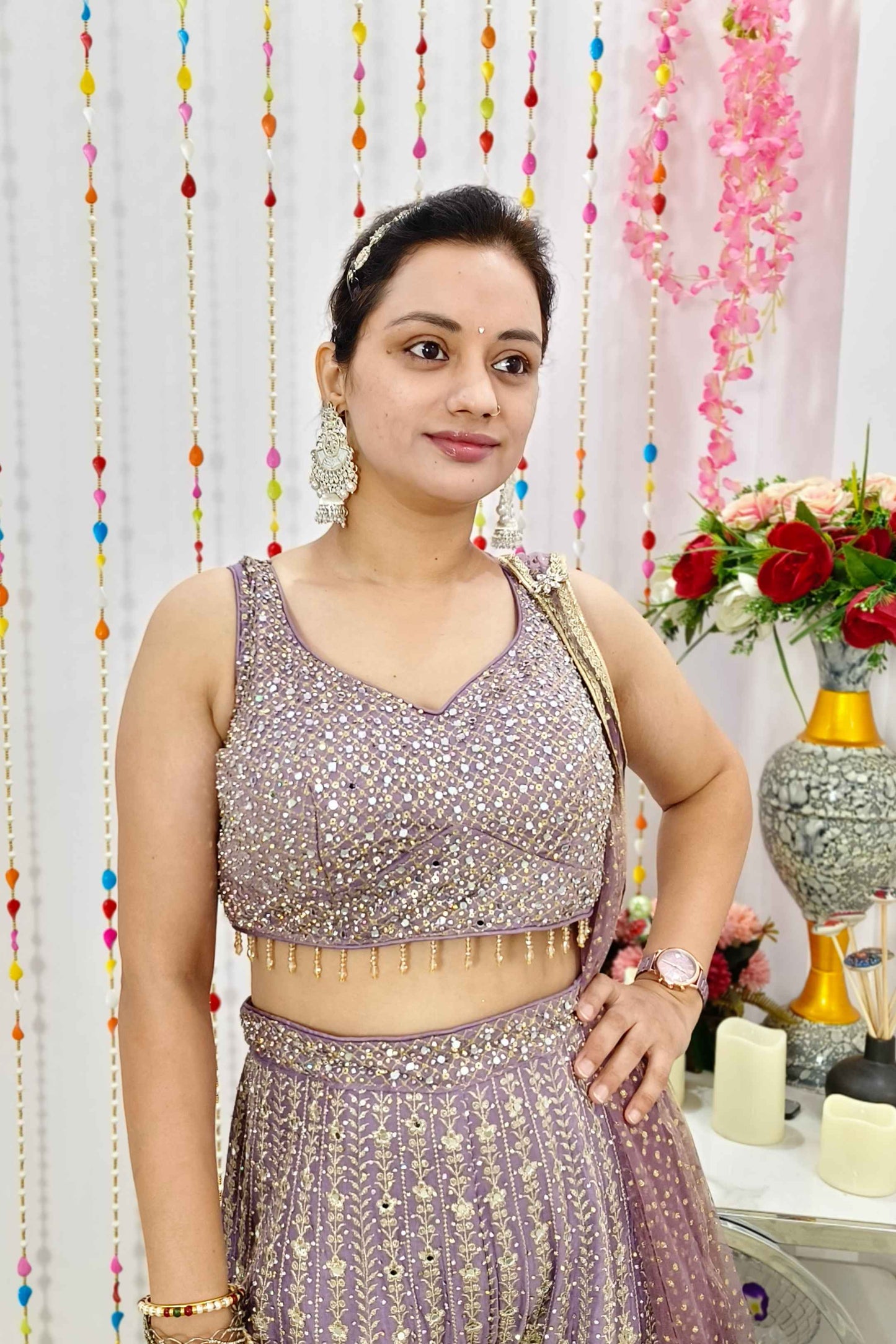 Full heavy  Georgette Embellished Ombre Die Partywear Crop Top Sharara With Cape Net Shrug in Purple
