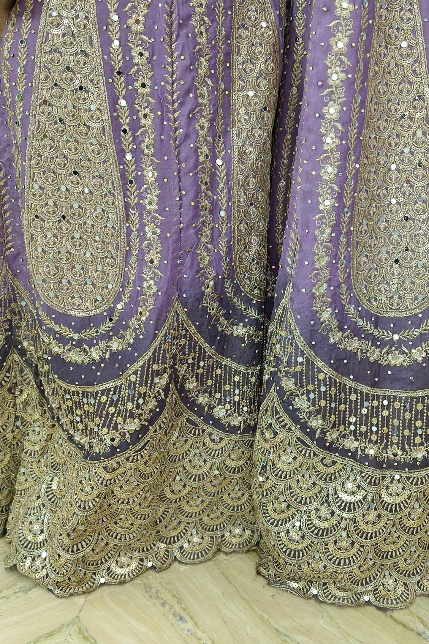 Full heavy  Georgette Embellished Ombre Die Partywear Crop Top Sharara With Cape Net Shrug in Purple