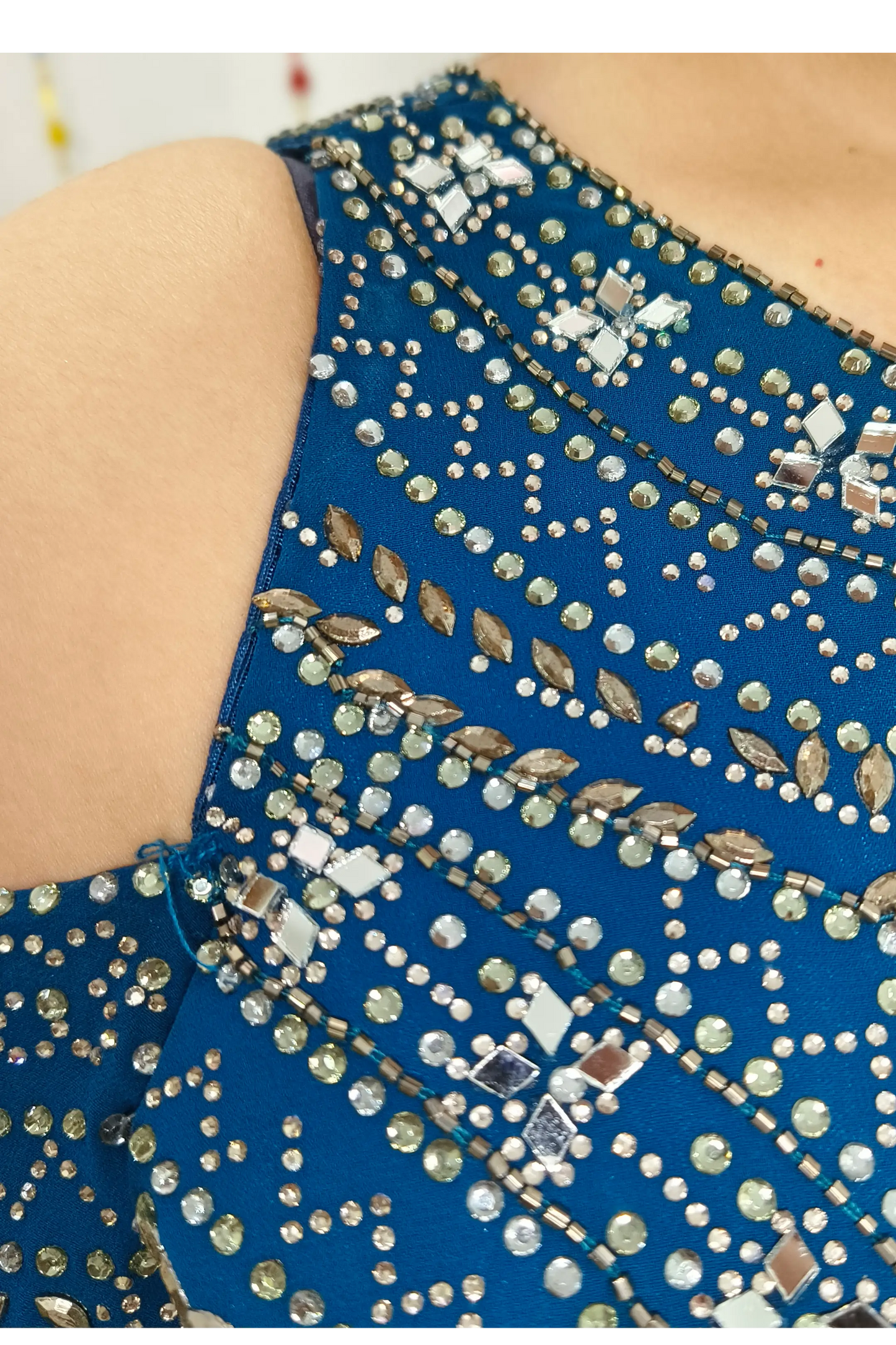 Off Shoulder Designer One Piece Georgette Dress With Long Sleeves designing in Peacock blue