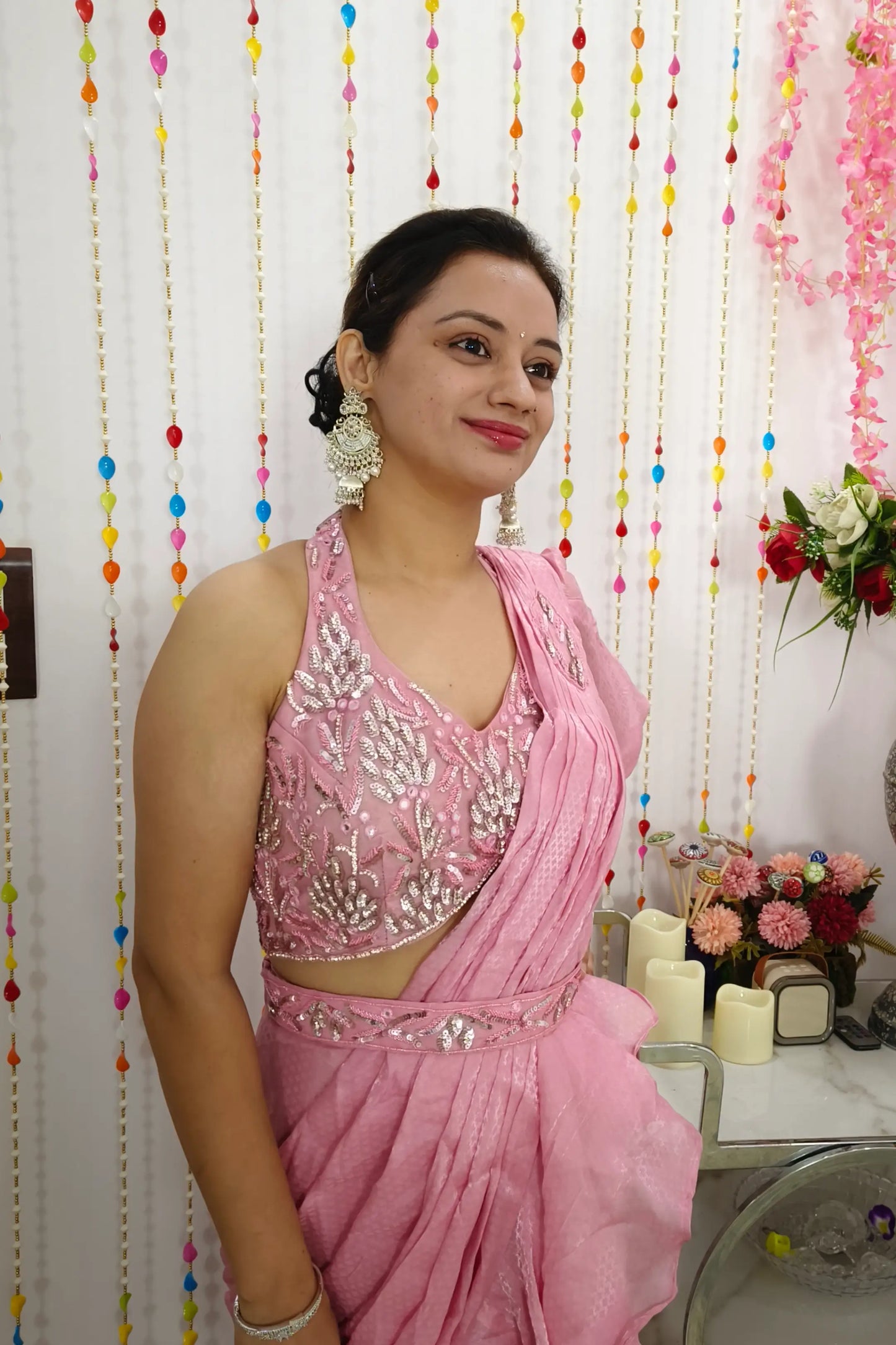 Halter Neck Designer Embroidered Blouse Readymade Saree in Crepe With Separate Belt in Pink