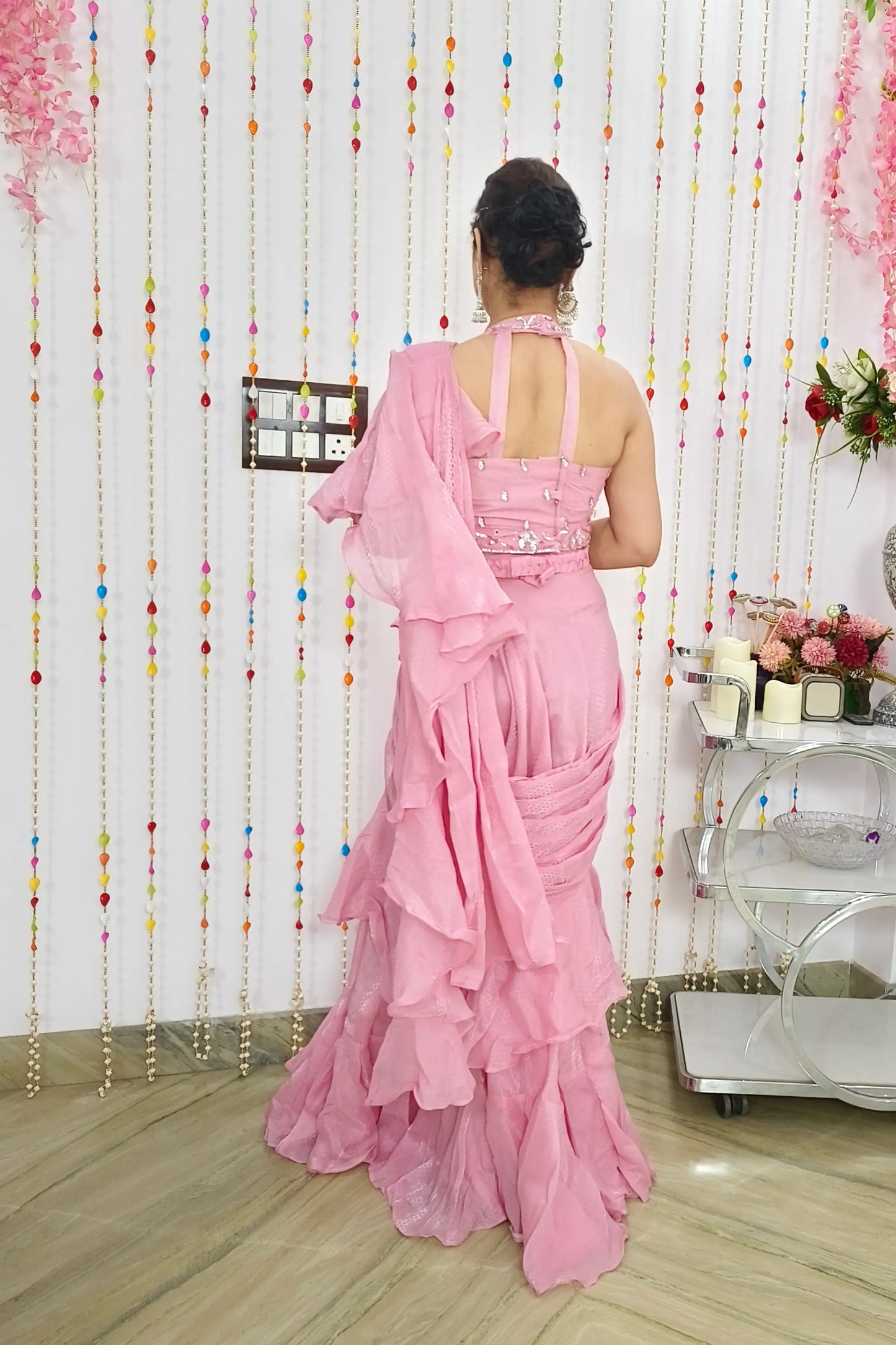 Halter Neck Designer Embroidered Blouse Readymade Saree in Crepe With Separate Belt in Pink