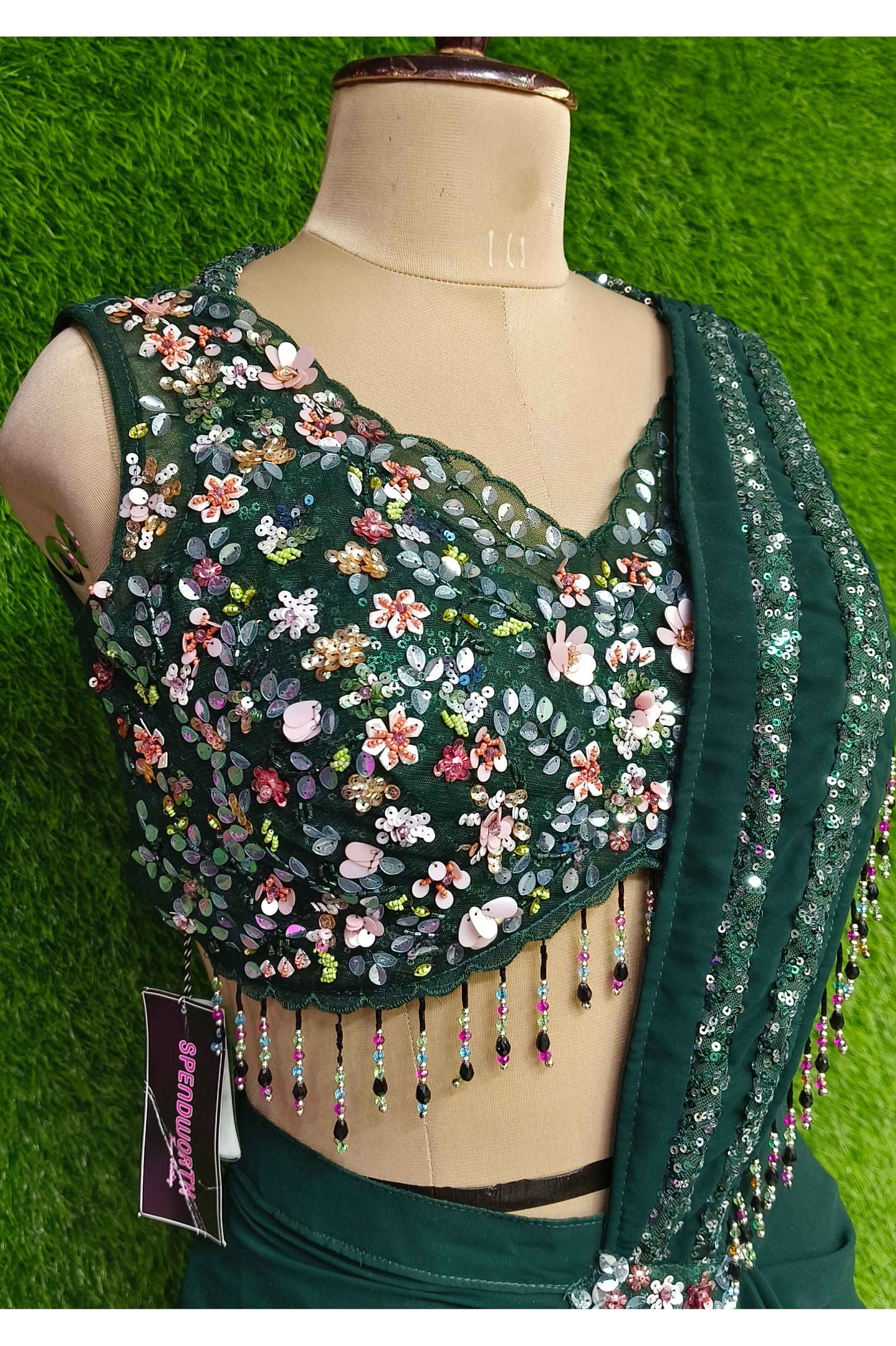 Beautiful Halter Neck Hand Embroidered Top Ready To wear Drape Dress In Georgette With Sequence Work