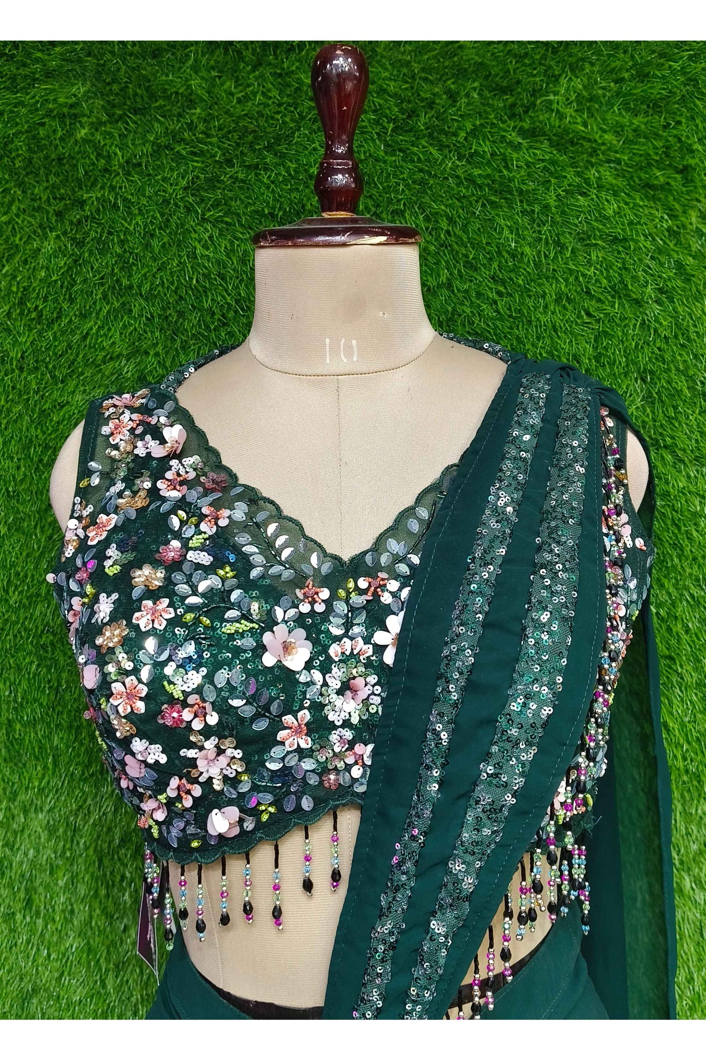 Beautiful Halter Neck Hand Embroidered Top Ready To wear Drape Dress In Georgette With Sequence Work