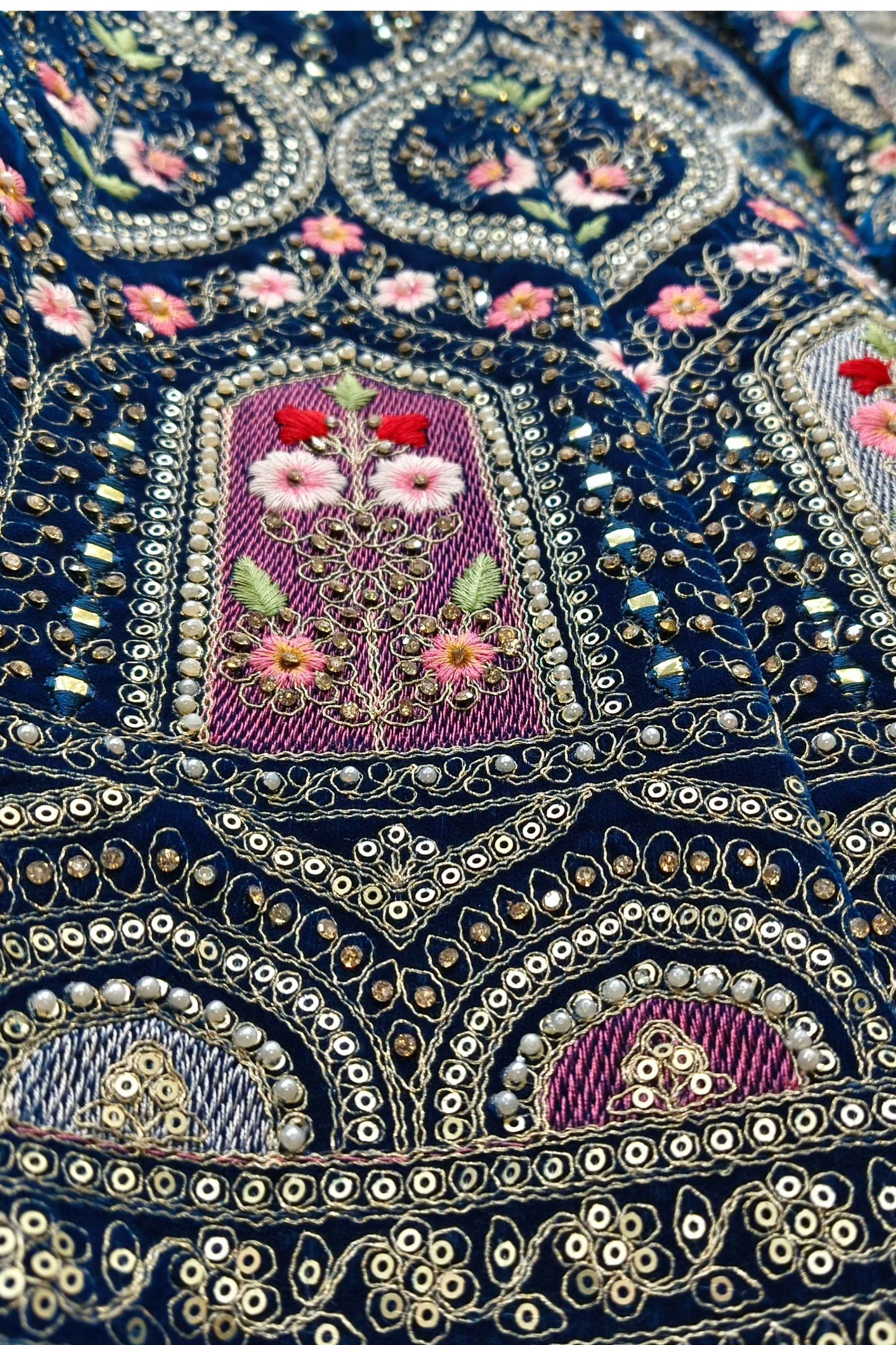 Hand Work Embroidered C cut Choli Heavy lehenga on Velvet With Contrast Duppatta in Blue