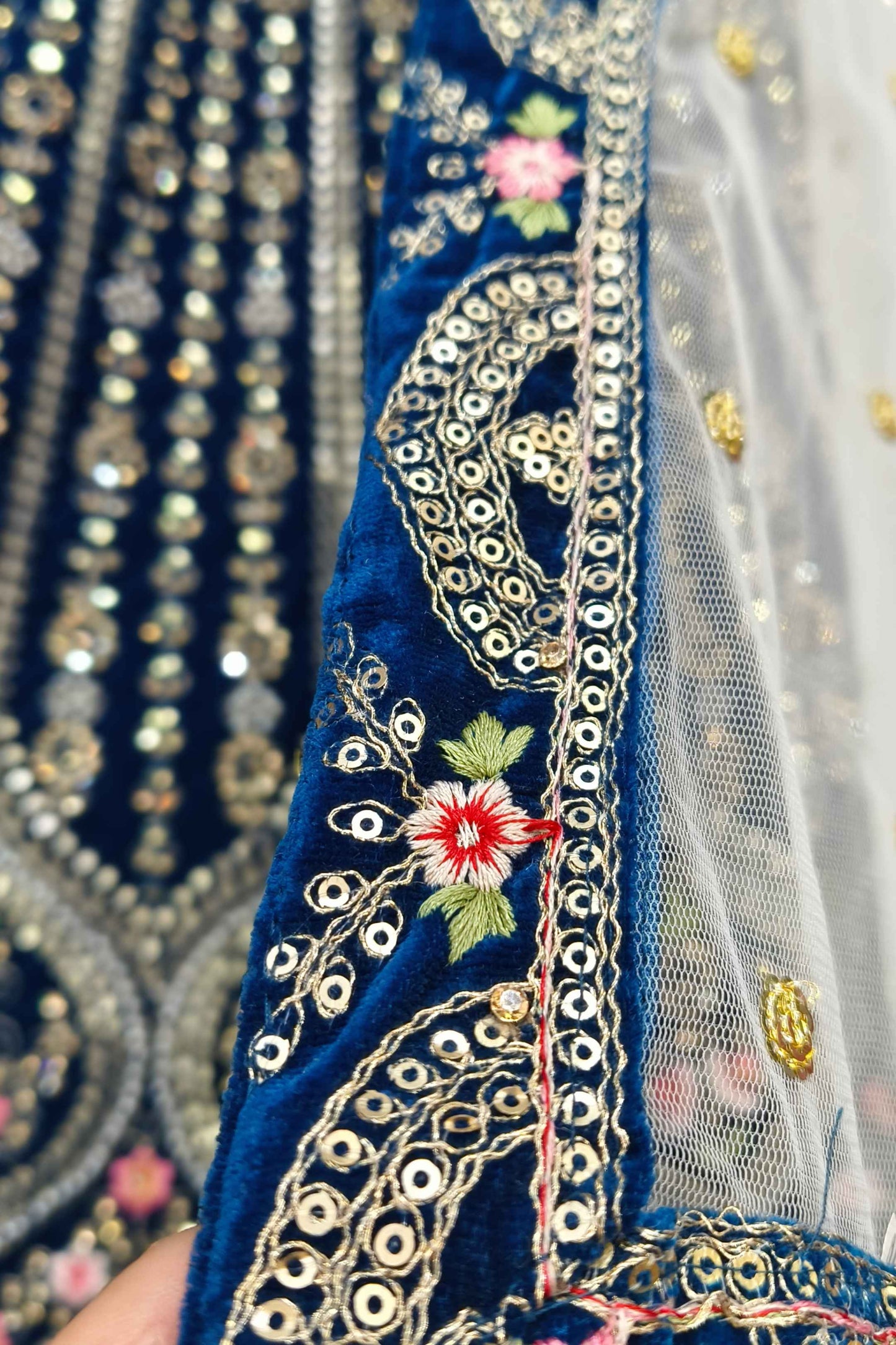Hand Work Embroidered C cut Choli Heavy lehenga on Velvet With Contrast Duppatta in Blue