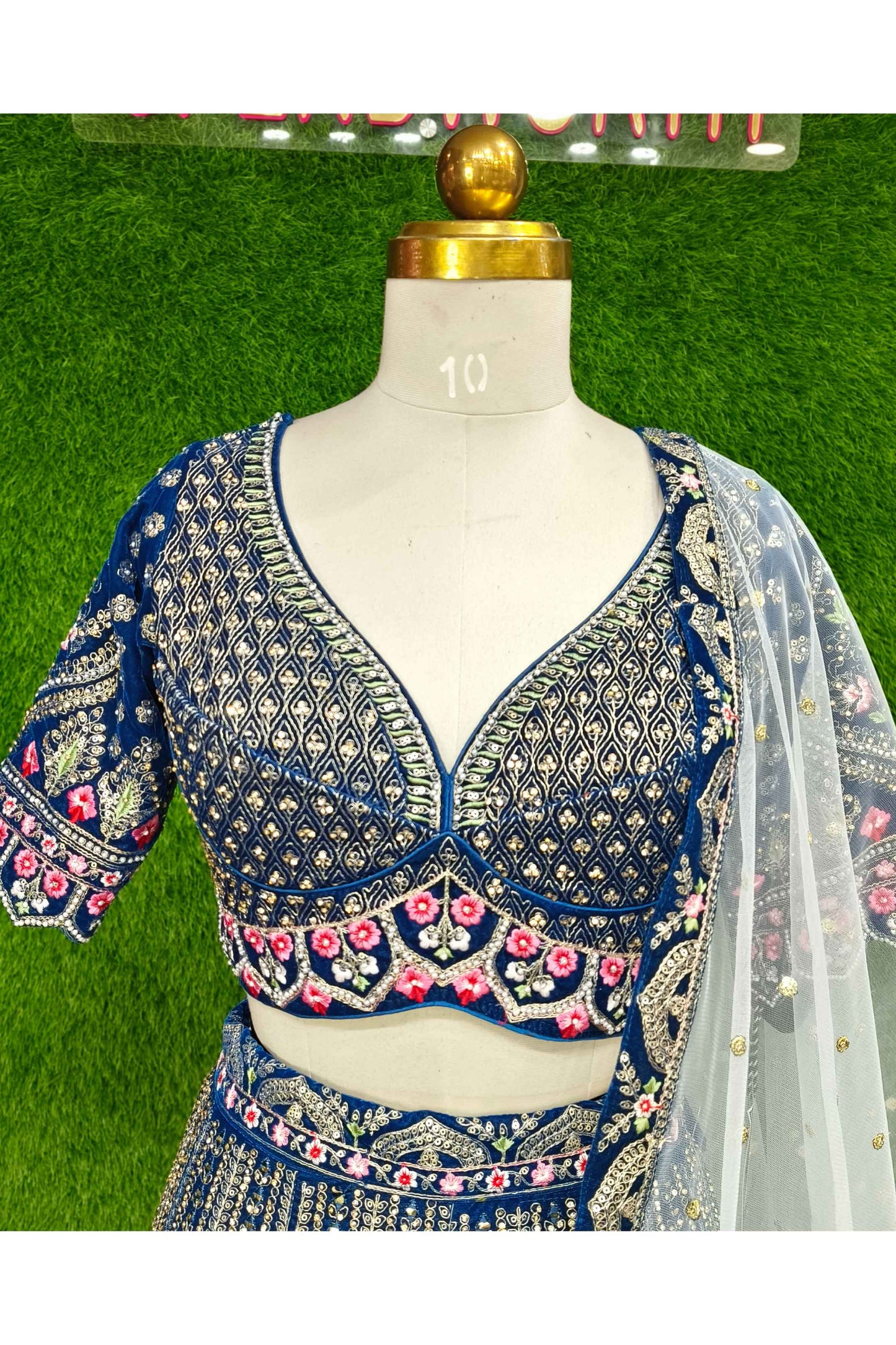 Hand Work Embroidered C cut Choli Heavy lehenga on Velvet With Contrast Duppatta in Blue