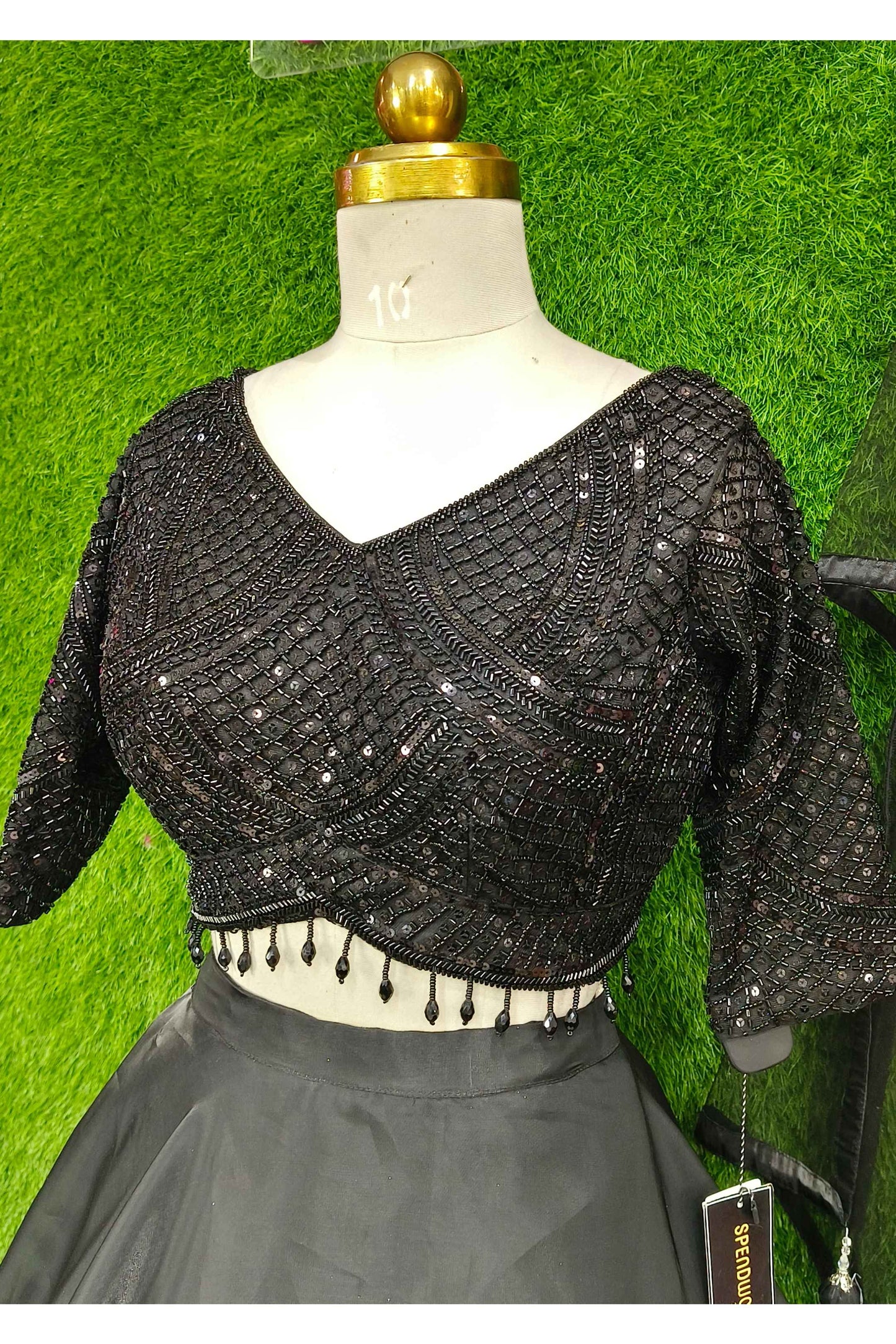 Full Hand Beaded Blouse With Full Flared Organza Lehenga With Net Bordered Duppatta In Black