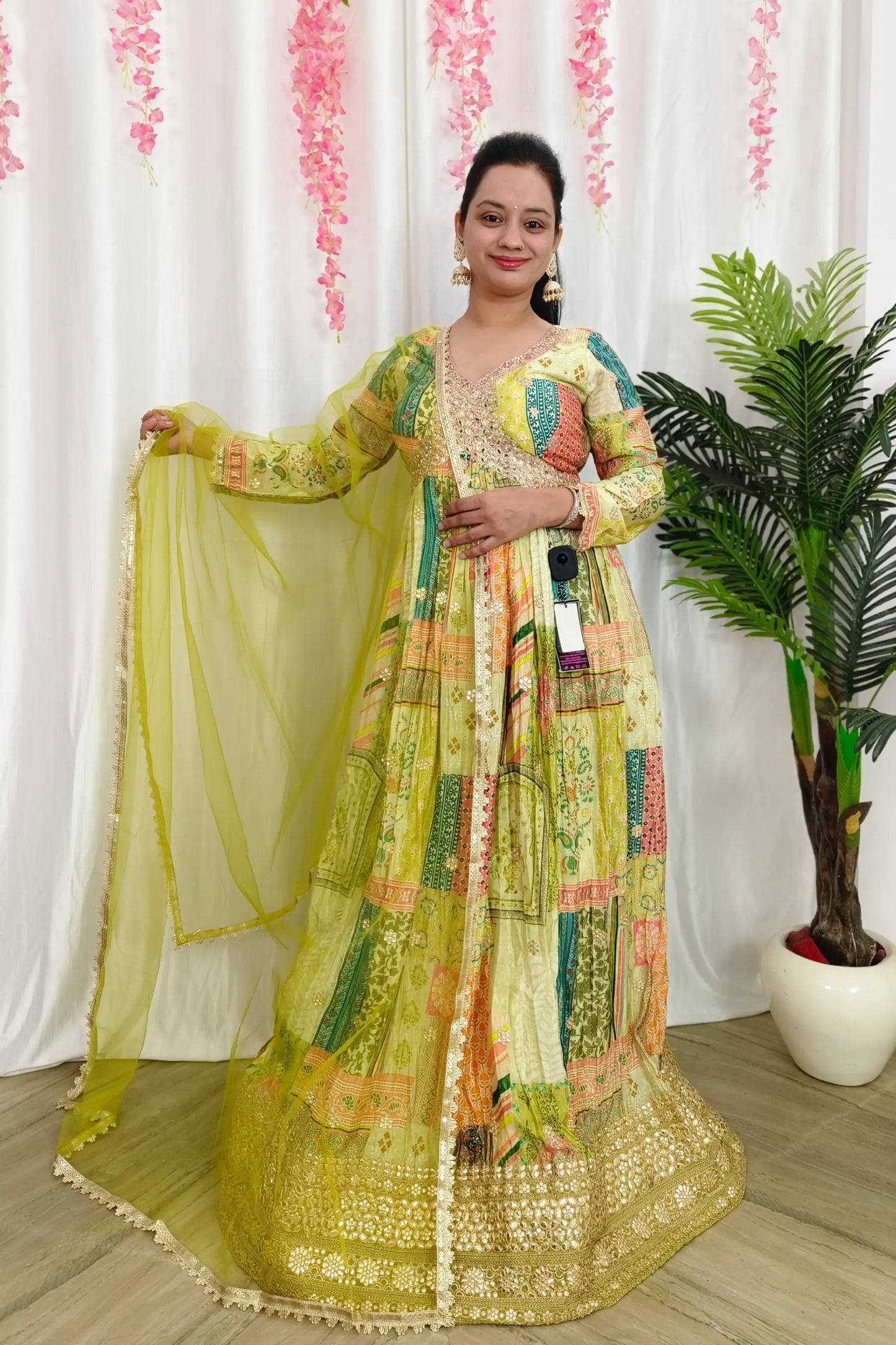 Chinnon Silk Printed Hand Work Anarkali Dress