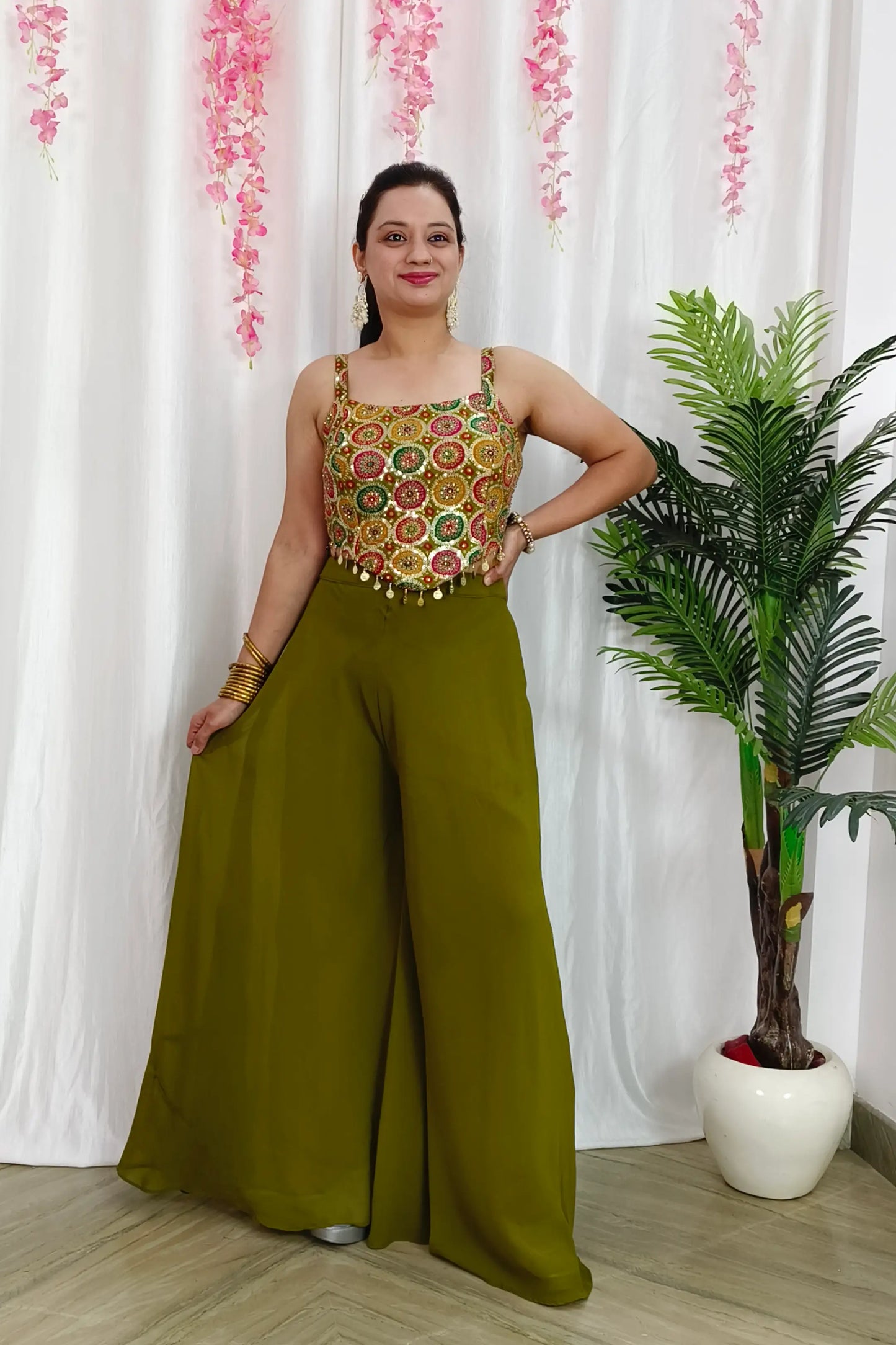 Designer Crop Top With Sharara Partywear Dress For Mehendi Occasion