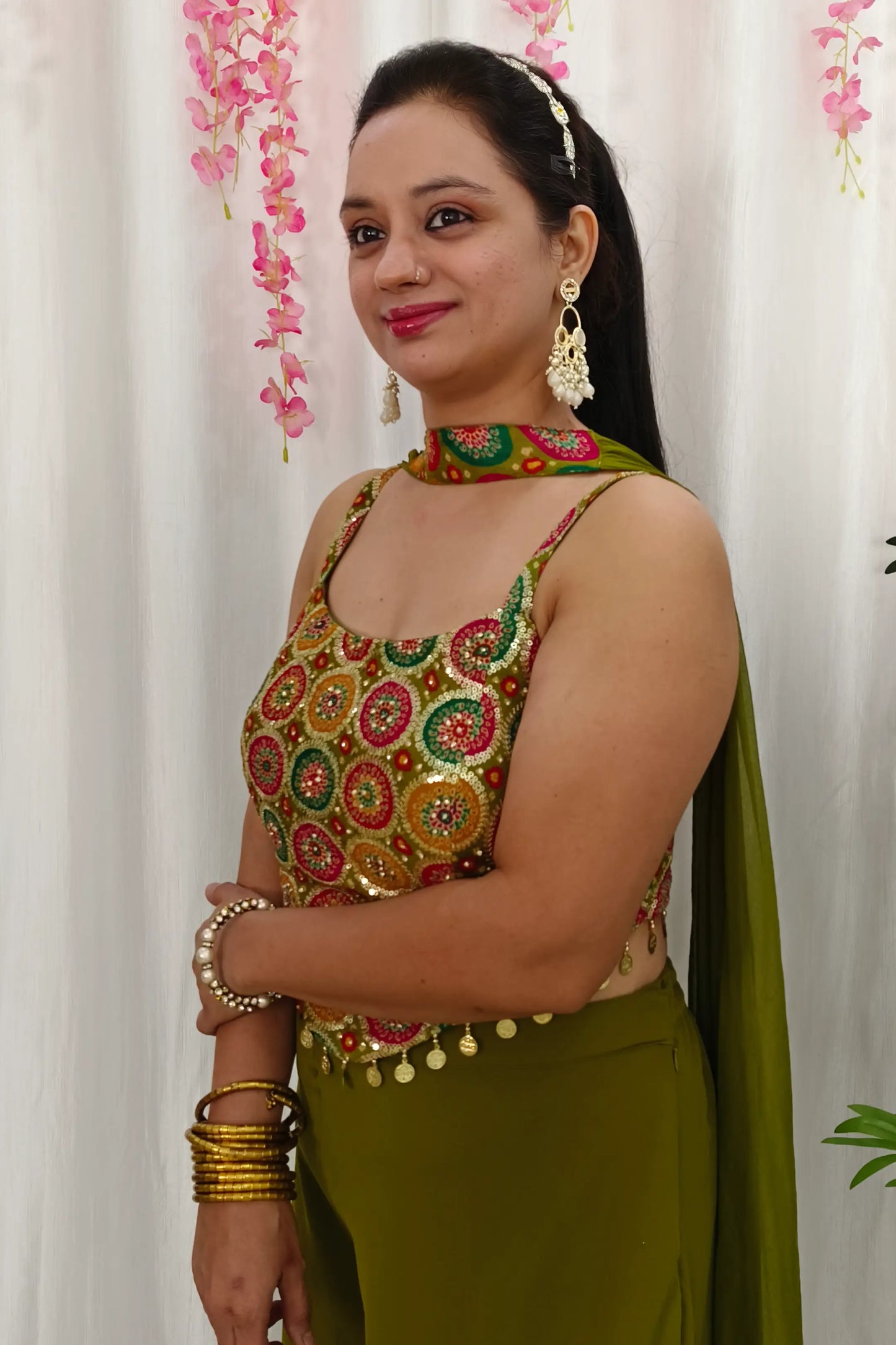 Designer Crop Top With Sharara Partywear Dress For Mehendi Occasion