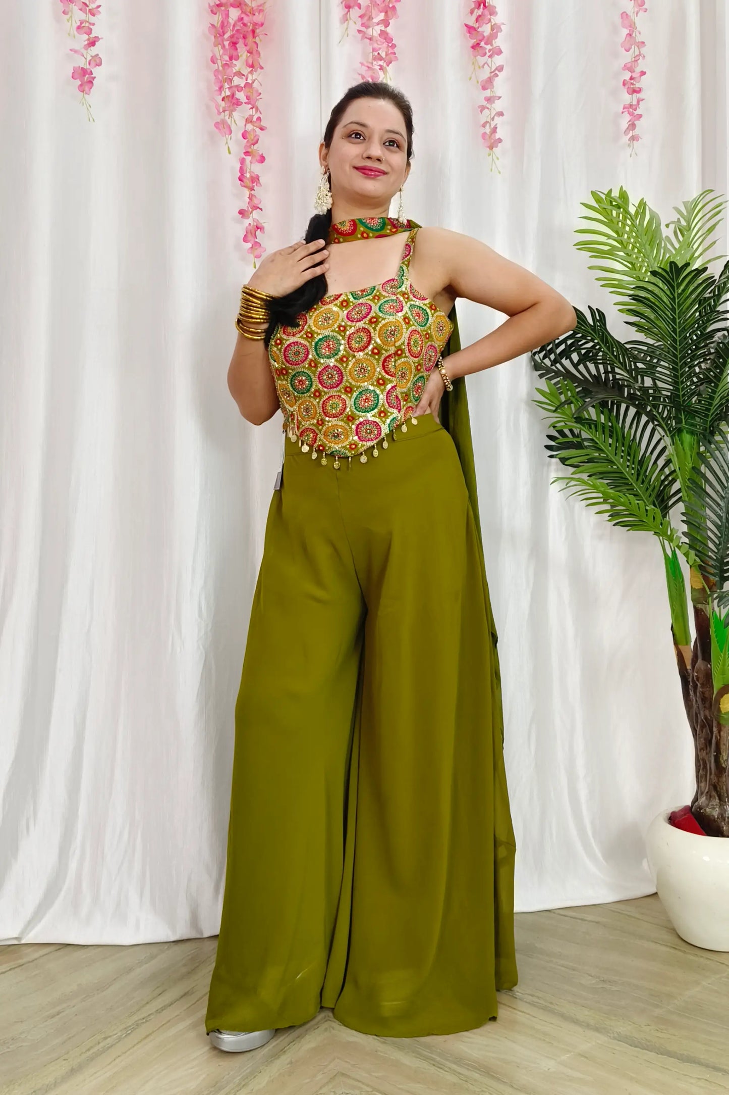 Designer Crop Top With Sharara Partywear Dress For Mehendi Occasion