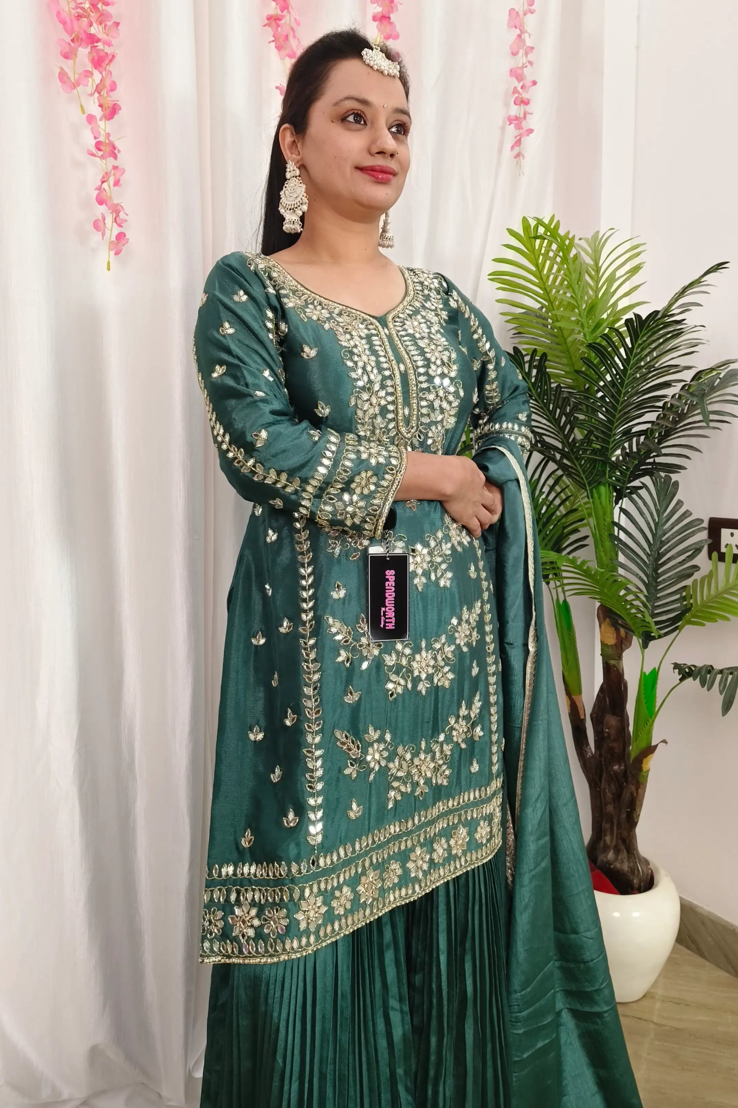 Straight Shirt Heavy Mirror Work Chinnon Silk Sharara Suit With Duppatta In Mat Green