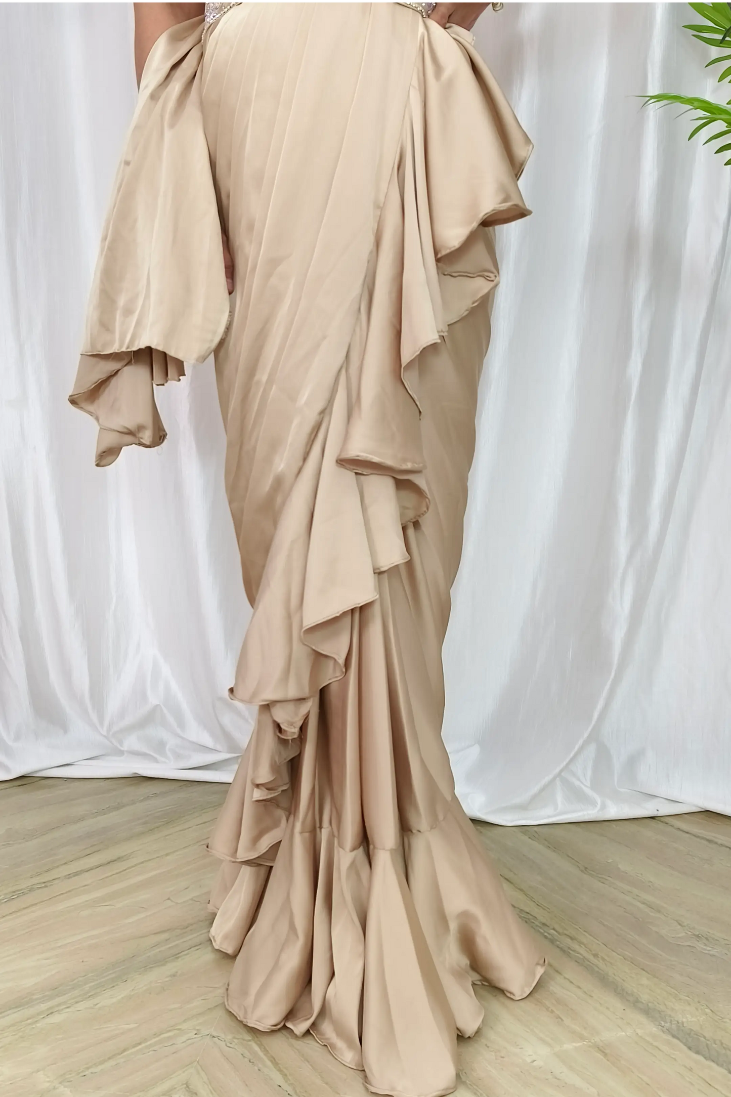 Ready To wear Drape Saree With Embellished Blouse With Armani Satin Drape and Belt in Fone Colour