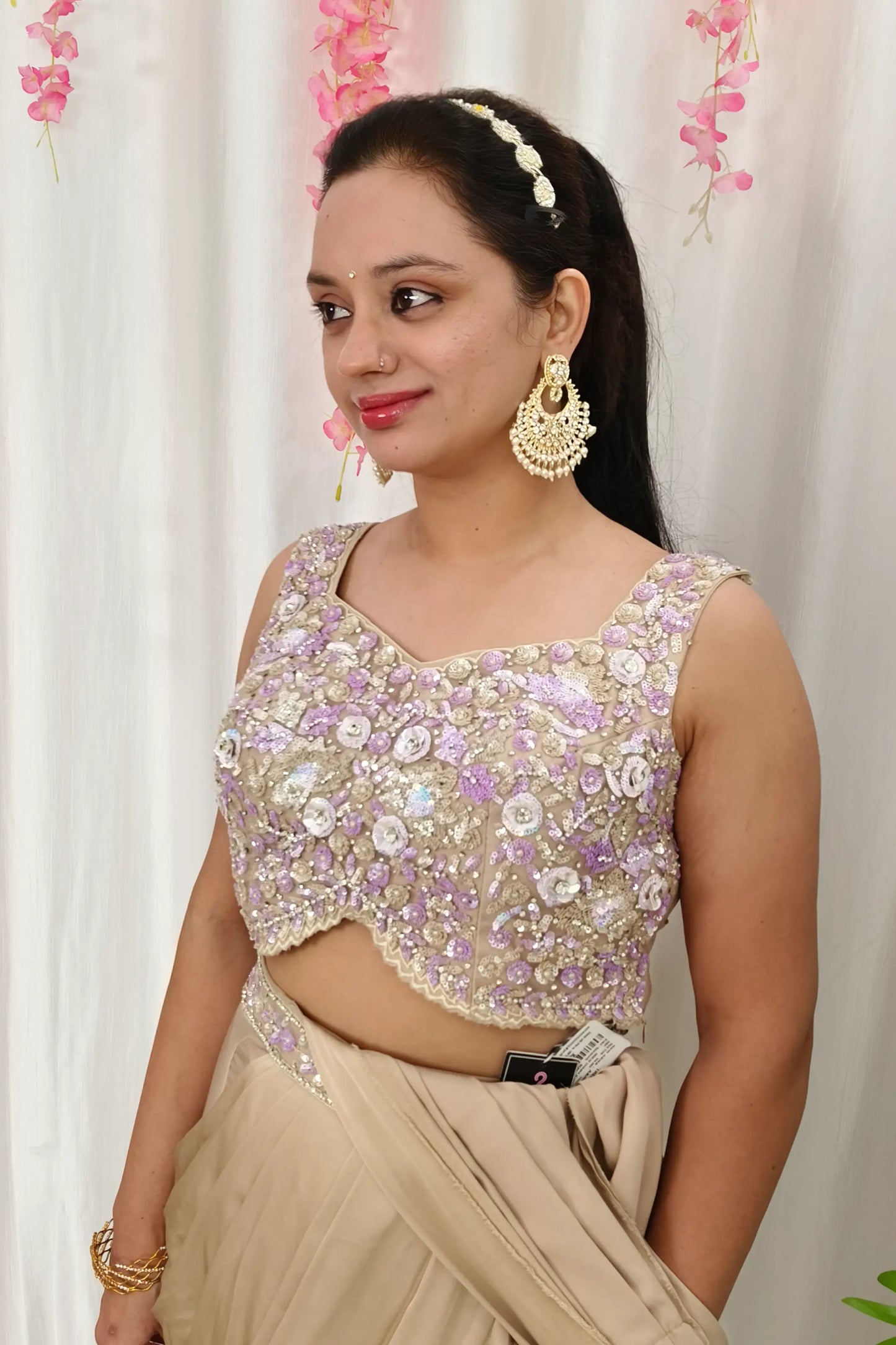 Ready To wear Drape Saree With Embellished Blouse With Armani Satin Drape and Belt in Fone Colour