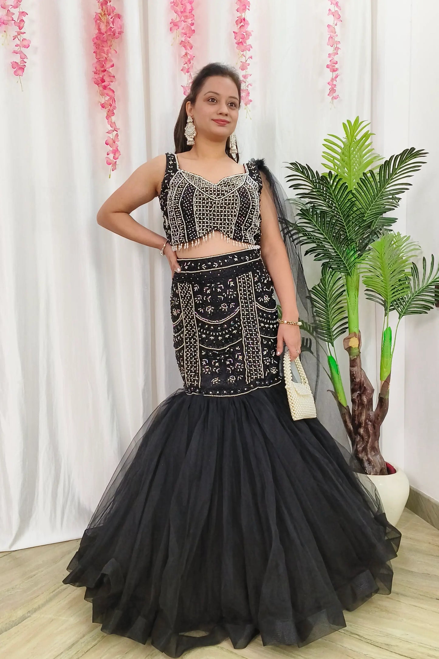 Pearl Beads Embroidered Fish Cut Lehenga Dress With Spaghetti Blouse With One Side Duppatta Design in Black