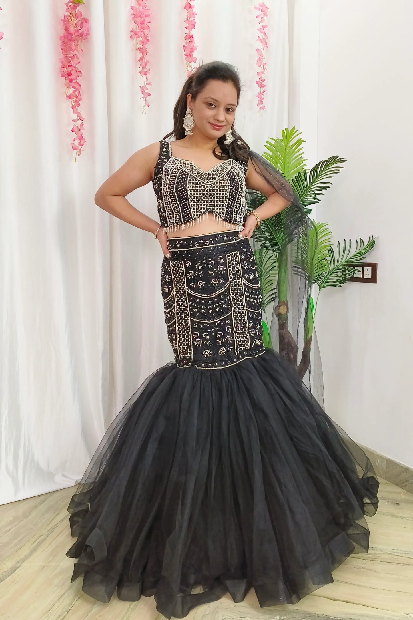 Pearl Beads Embroidered Fish Cut Lehenga Dress With Spaghetti Blouse With One Side Duppatta Design in Black