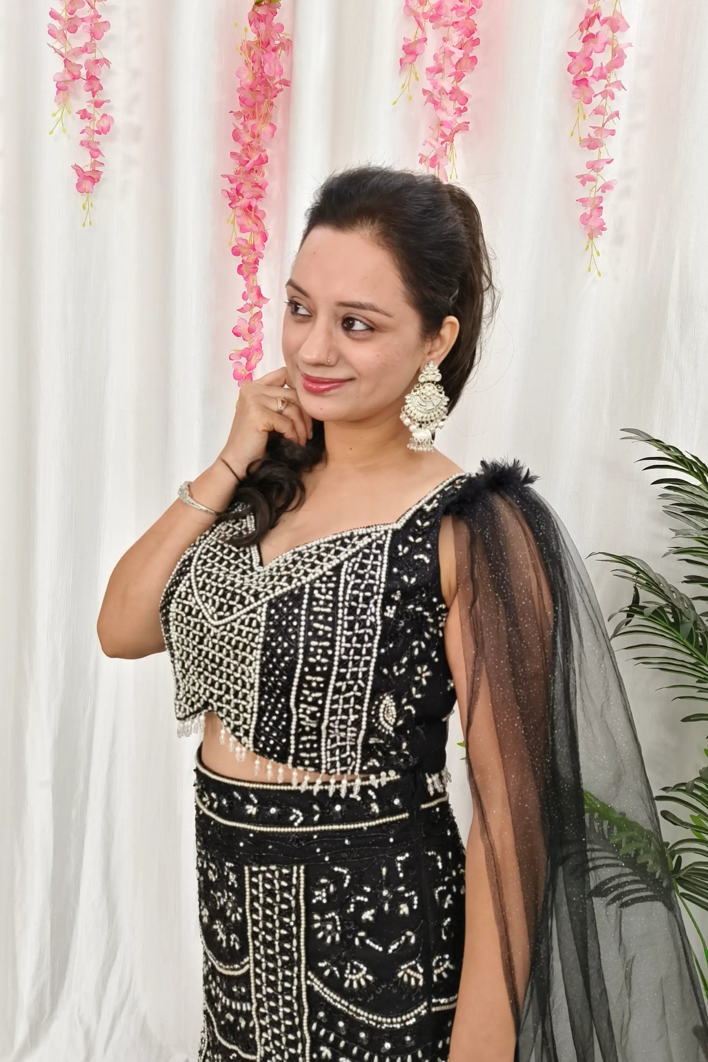 Pearl Beads Embroidered Fish Cut Lehenga Dress With Spaghetti Blouse With One Side Duppatta Design in Black