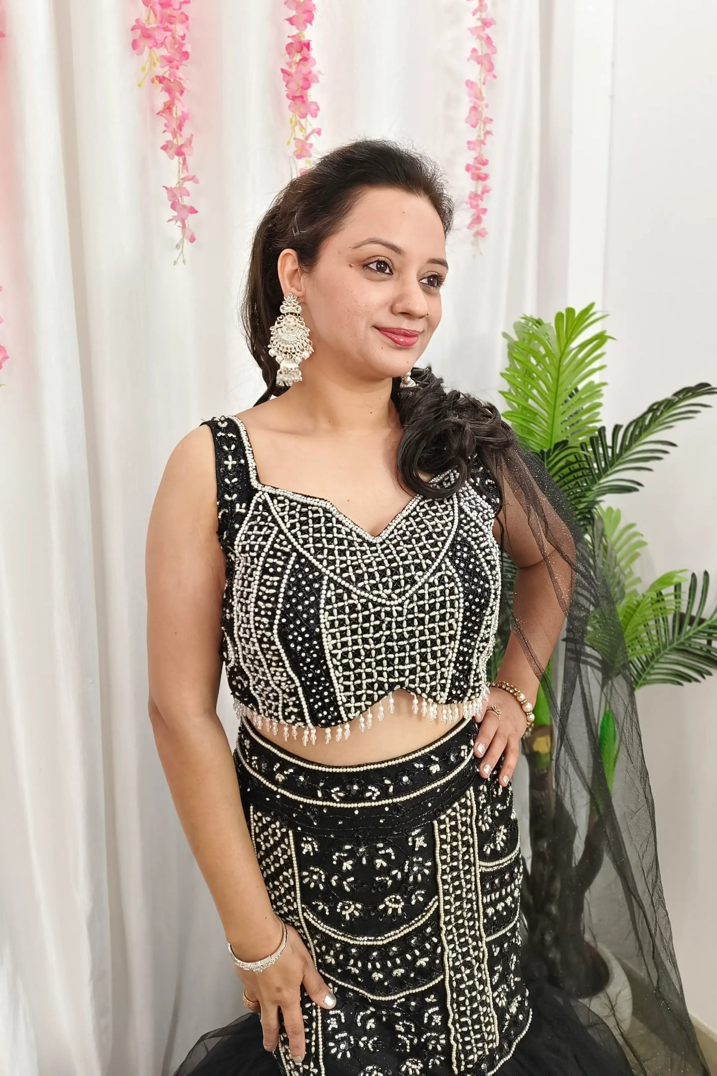 Pearl Beads Embroidered Fish Cut Lehenga Dress With Spaghetti Blouse With One Side Duppatta Design in Black