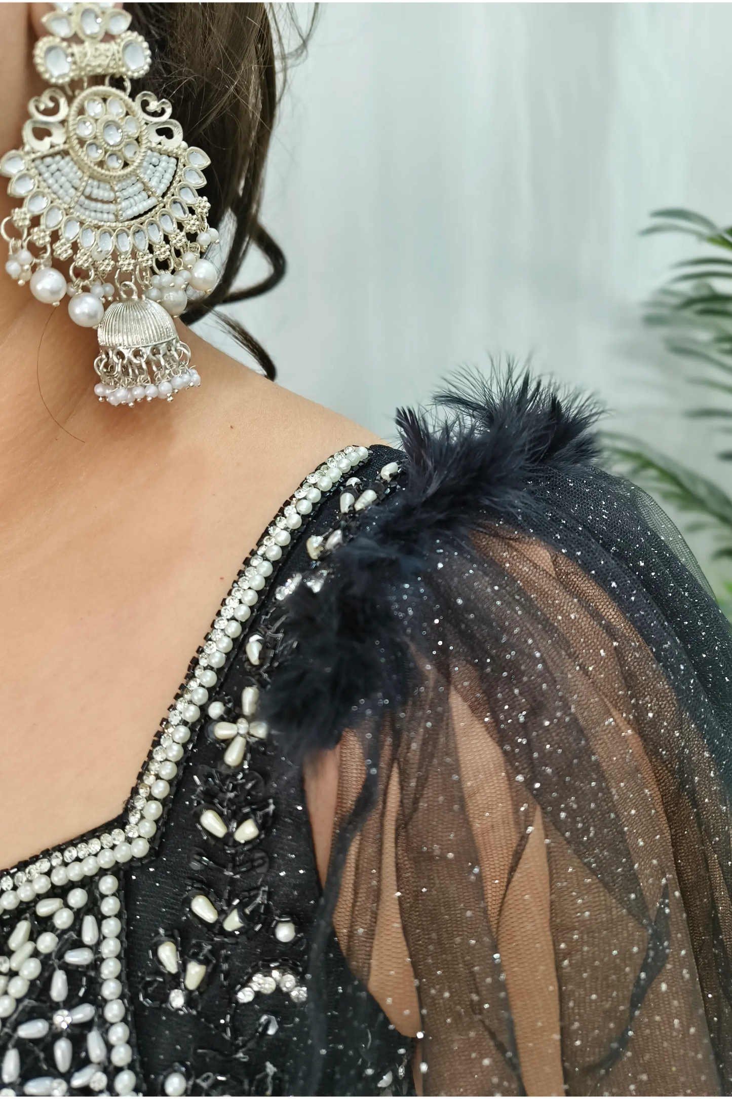 Pearl Beads Embroidered Fish Cut Lehenga Dress With Spaghetti Blouse With One Side Duppatta Design in Black