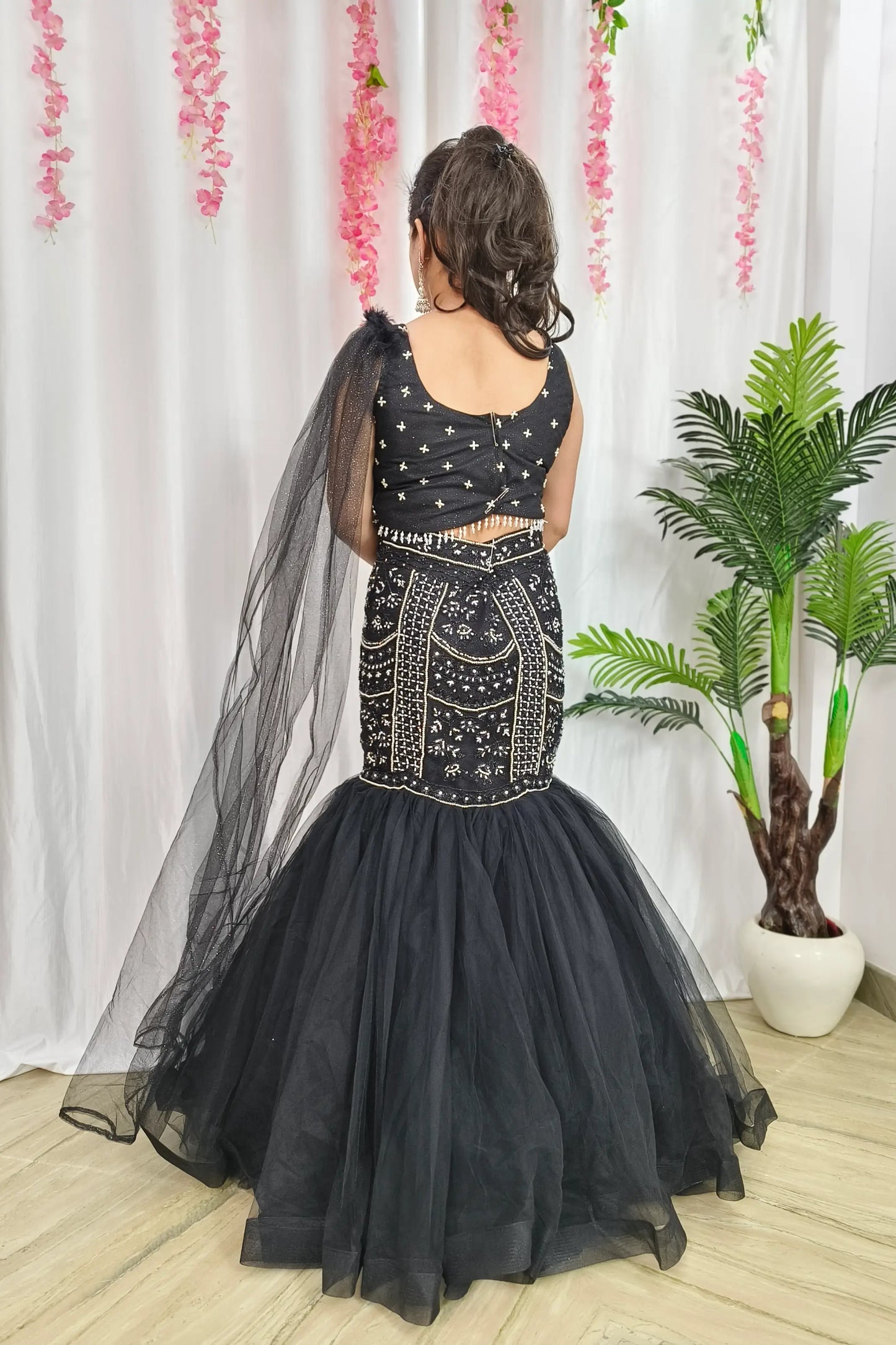 Pearl Beads Embroidered Fish Cut Lehenga Dress With Spaghetti Blouse With One Side Duppatta Design in Black