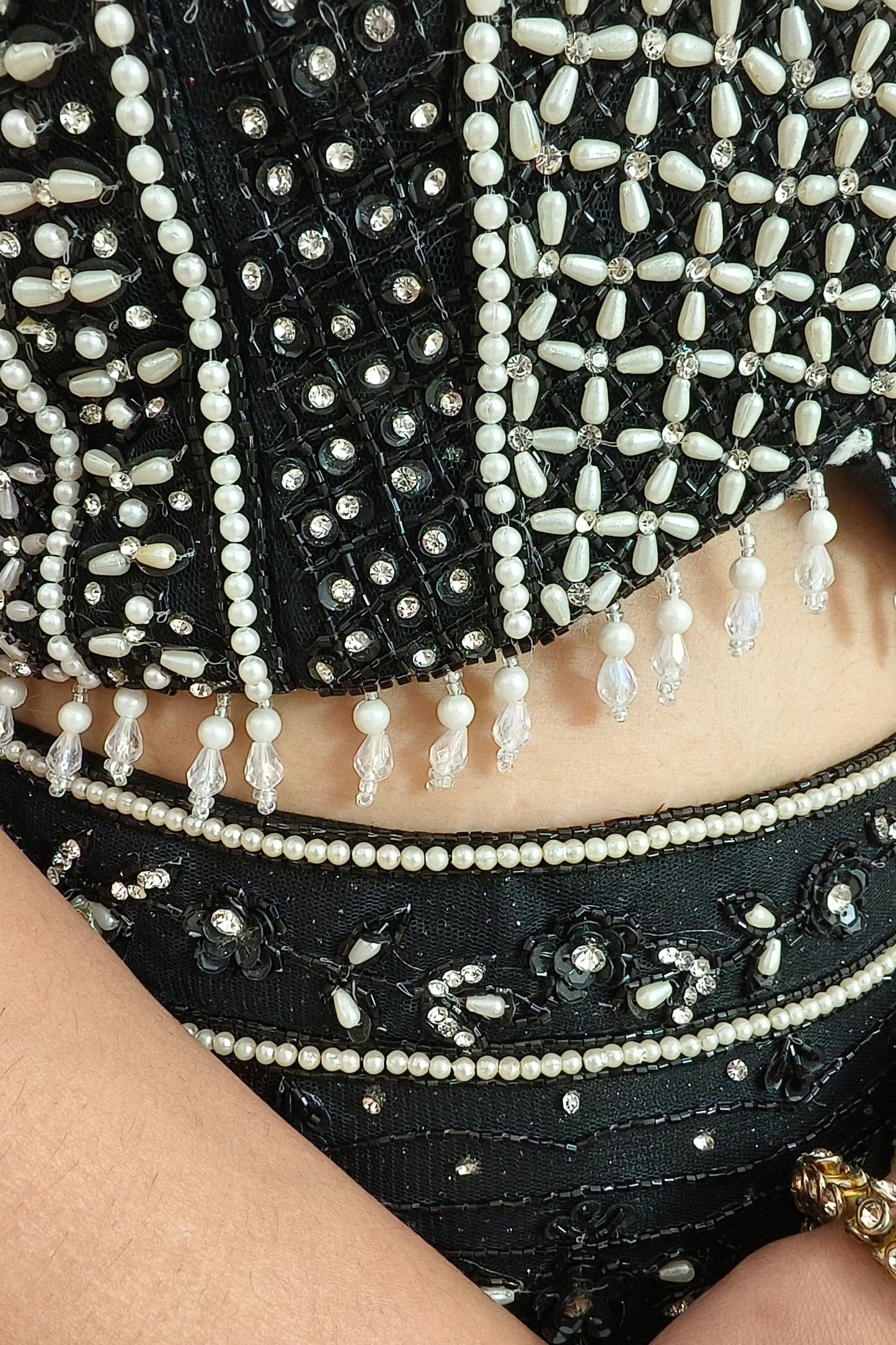 Pearl Beads Embroidered Fish Cut Lehenga Dress With Spaghetti Blouse With One Side Duppatta Design in Black