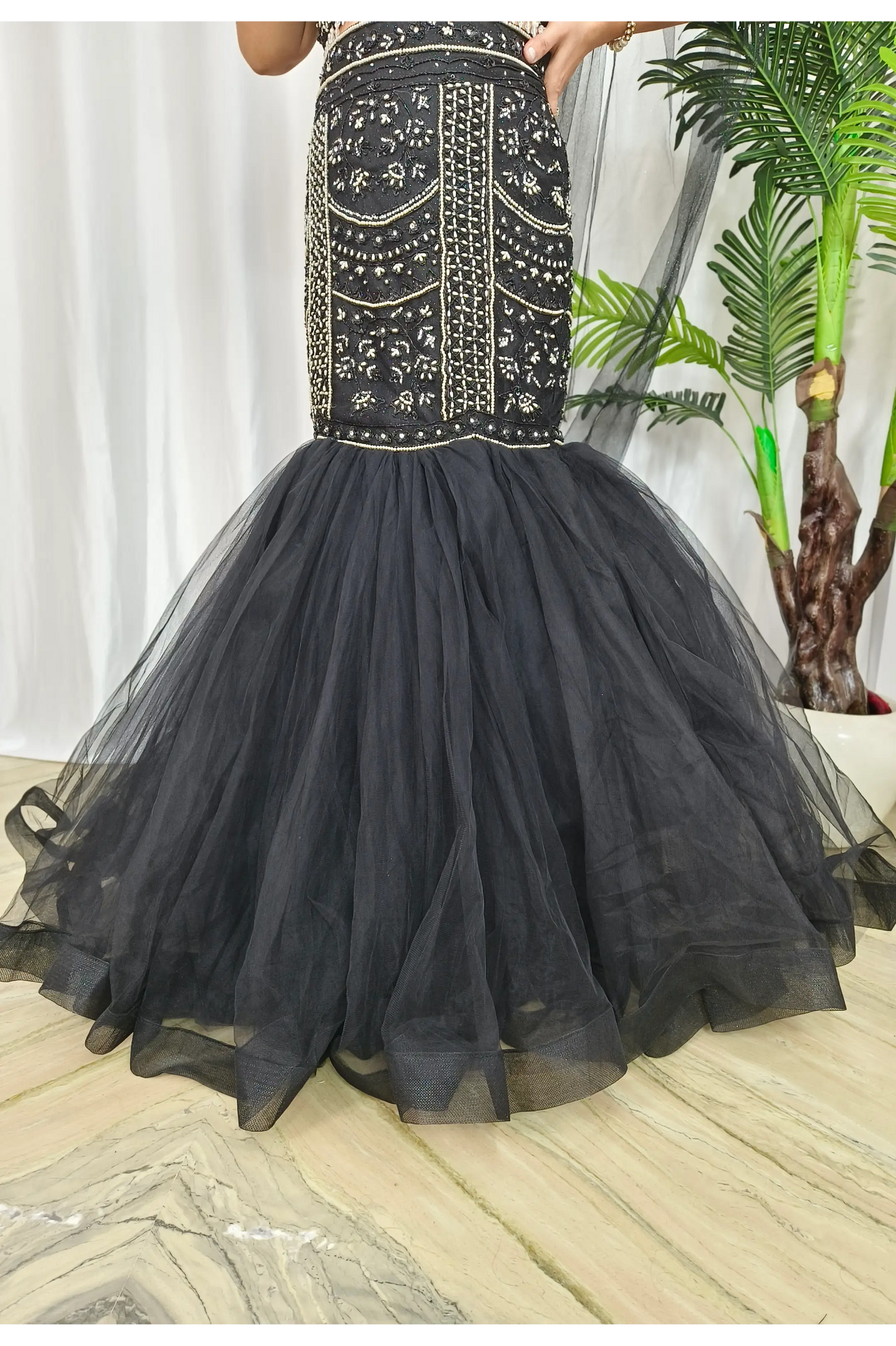 Pearl Beads Embroidered Fish Cut Lehenga Dress With Spaghetti Blouse With One Side Duppatta Design in Black