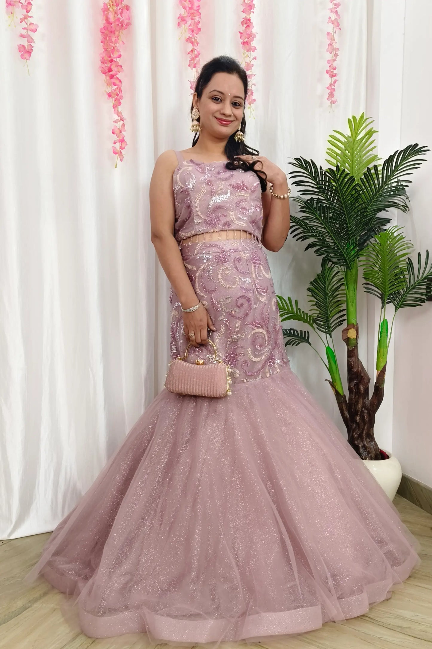 Beautiful Fish Cut Lehenga Dress With Pearl Necklace Designing In Pink Pastel Shade
