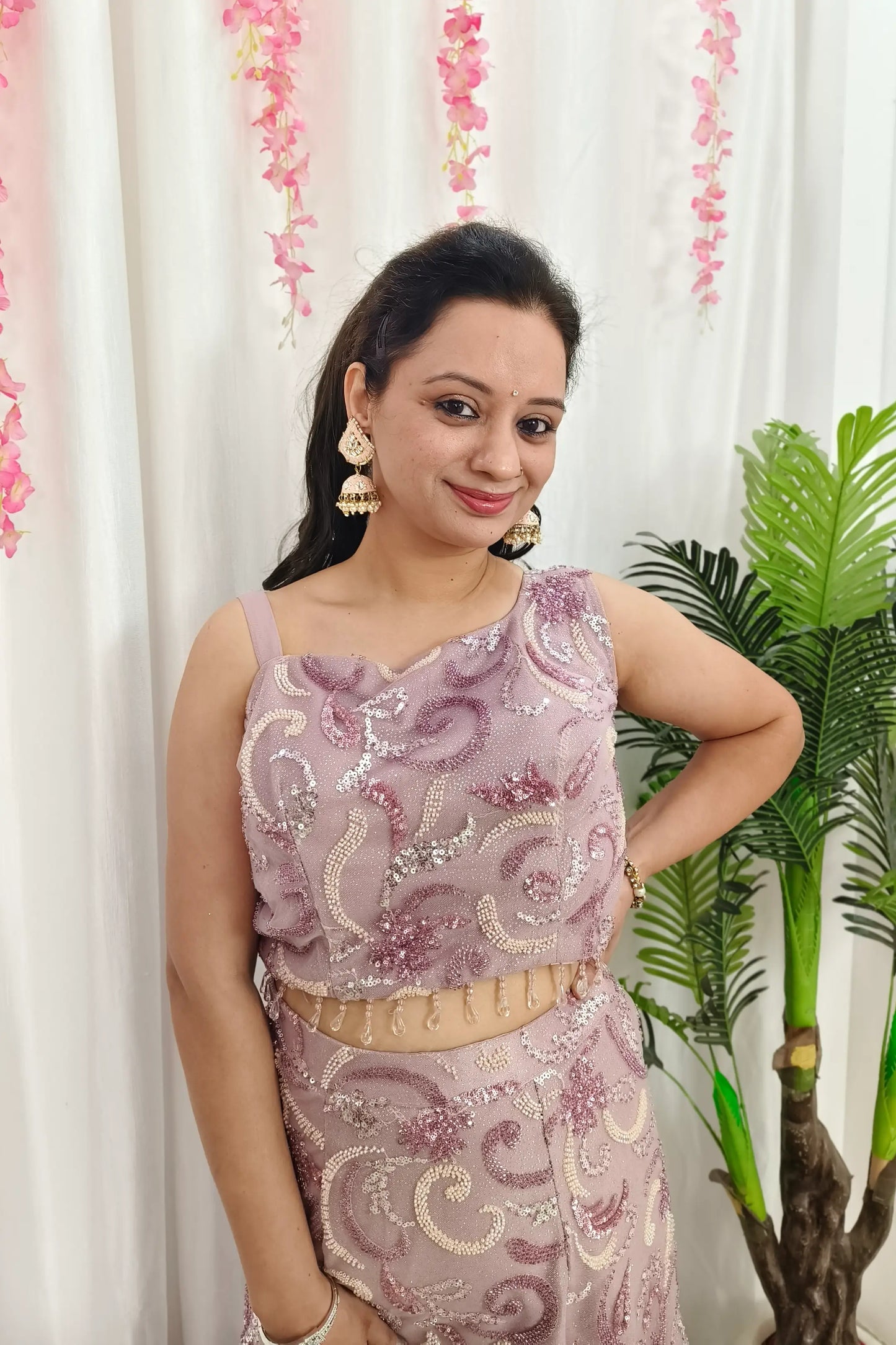 Beautiful Fish Cut Lehenga Dress With Pearl Necklace Designing In Pink Pastel Shade