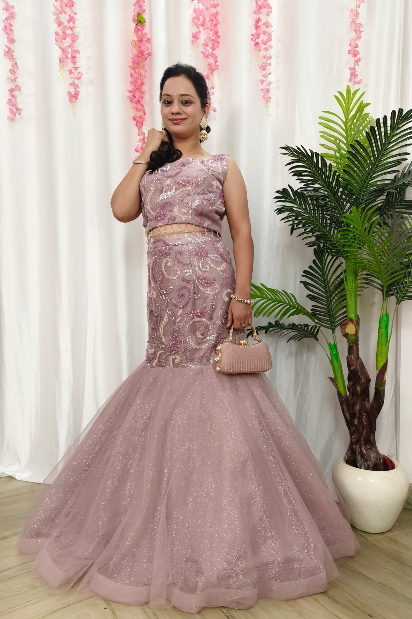 Beautiful Fish Cut Lehenga Dress With Pearl Necklace Designing In Pink Pastel Shade