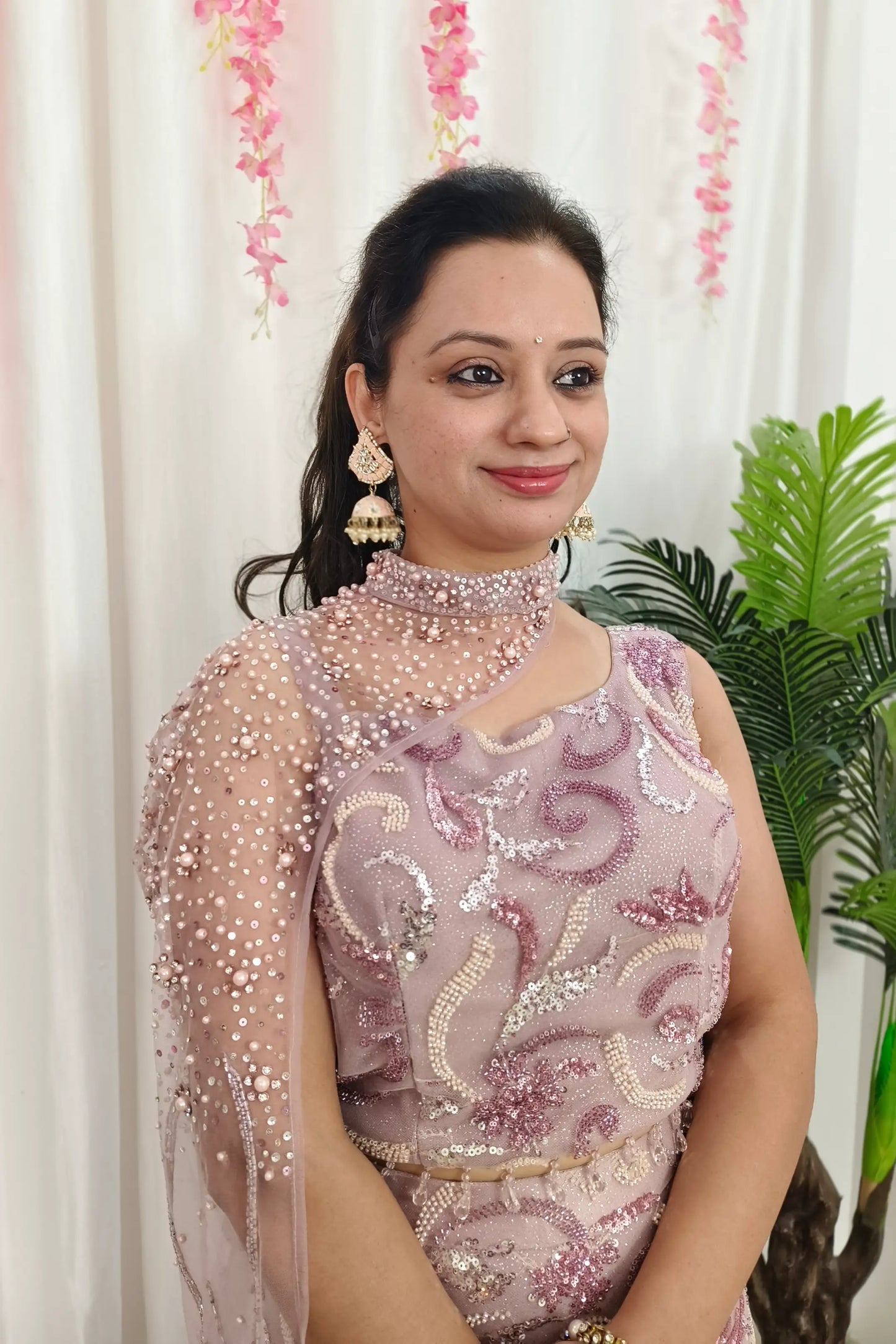 Beautiful Fish Cut Lehenga Dress With Pearl Necklace Designing In Pink Pastel Shade