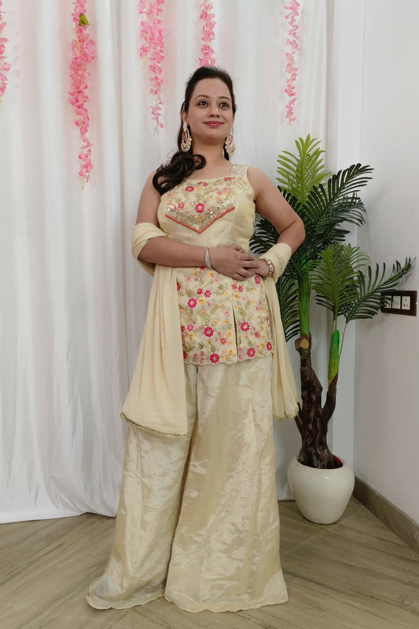 Cute Peplum Partywear Multi Embroidered Cord Set Style Off White Plazo Suit In Silk