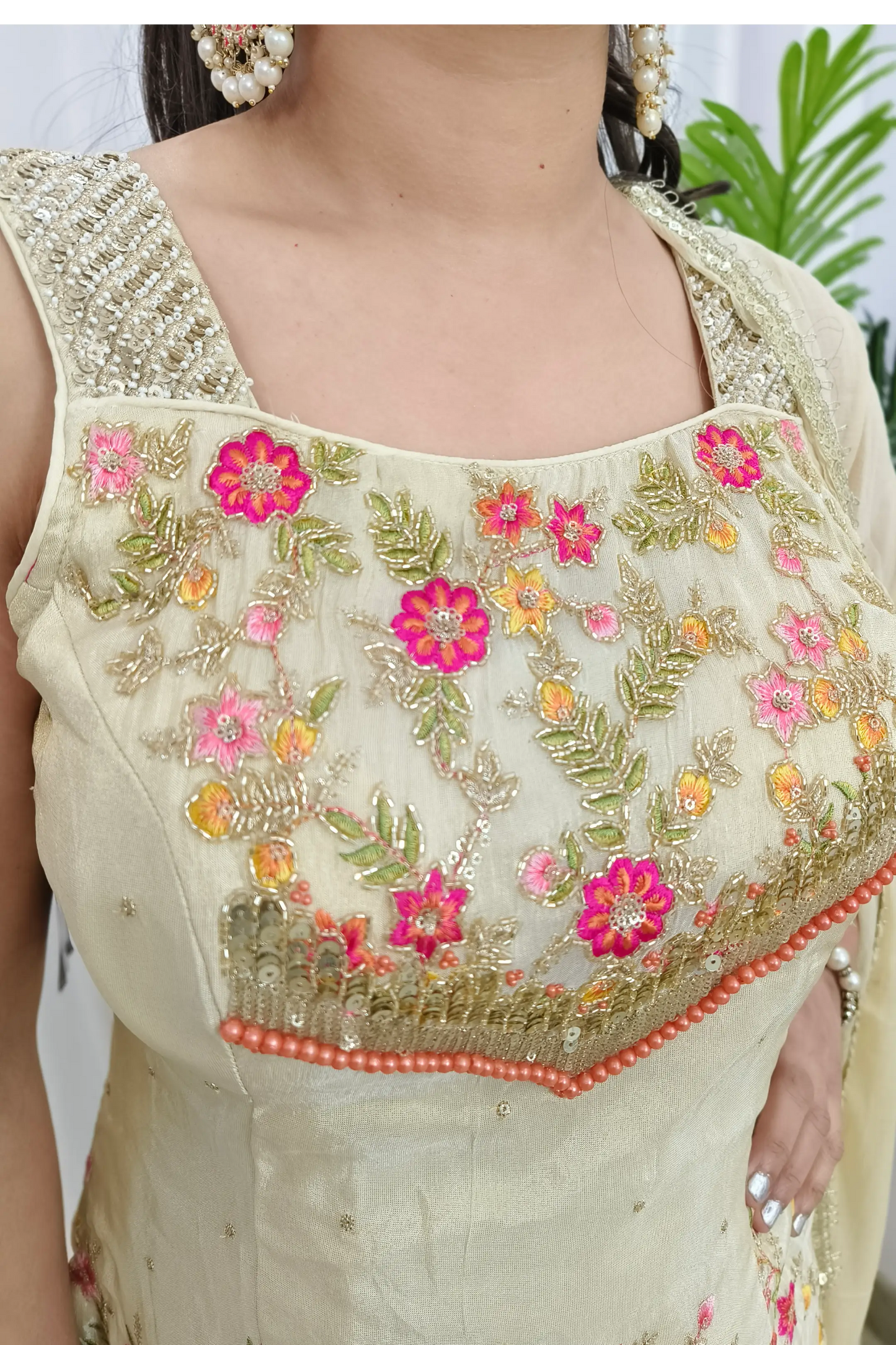 Cute Peplum Partywear Multi Embroidered Cord Set Style Off White Plazo Suit In Silk