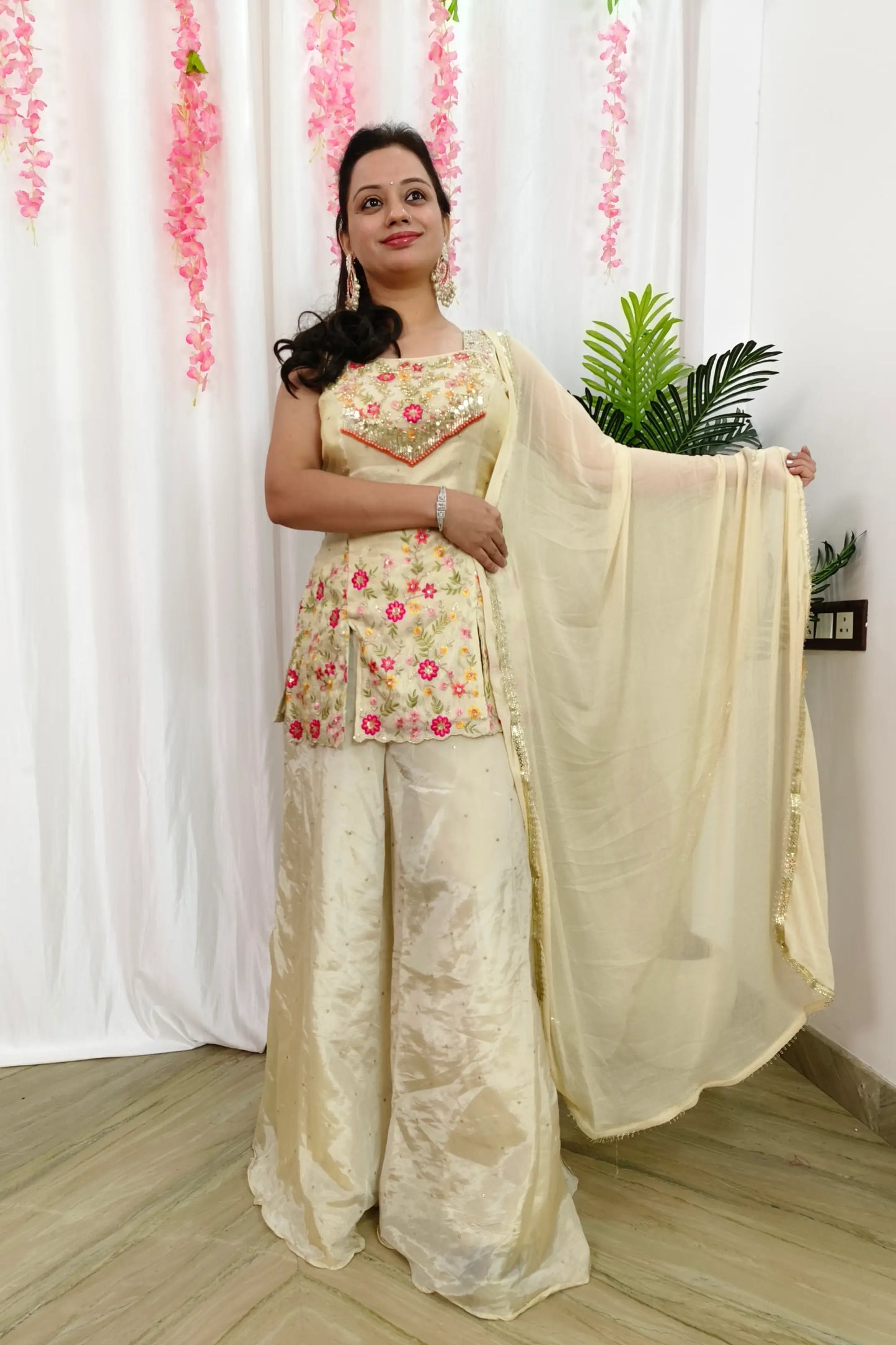 Cute Peplum Partywear Multi Embroidered Cord Set Style Off White Plazo Suit In Silk