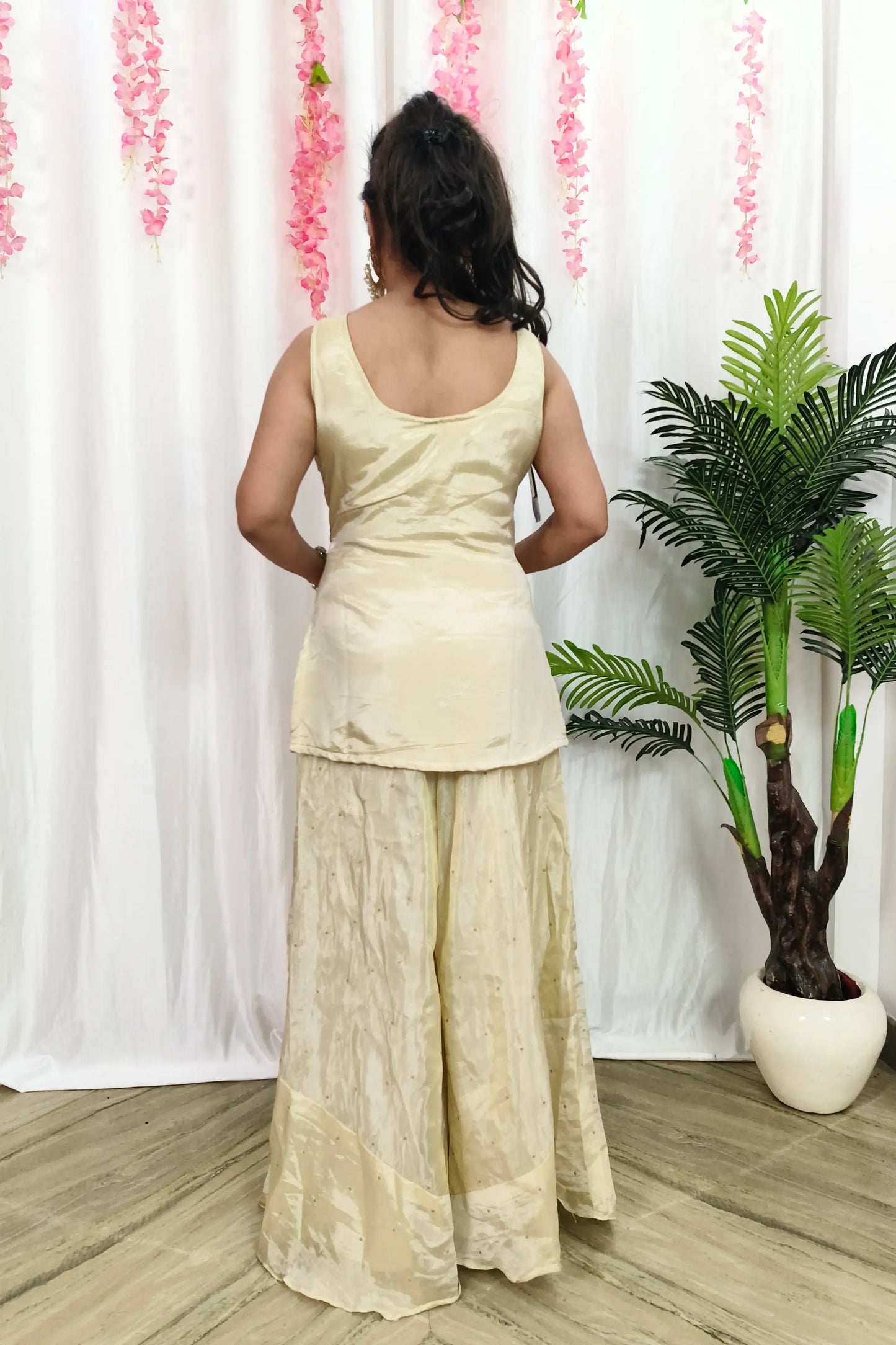 Cute Peplum Partywear Multi Embroidered Cord Set Style Off White Plazo Suit In Silk