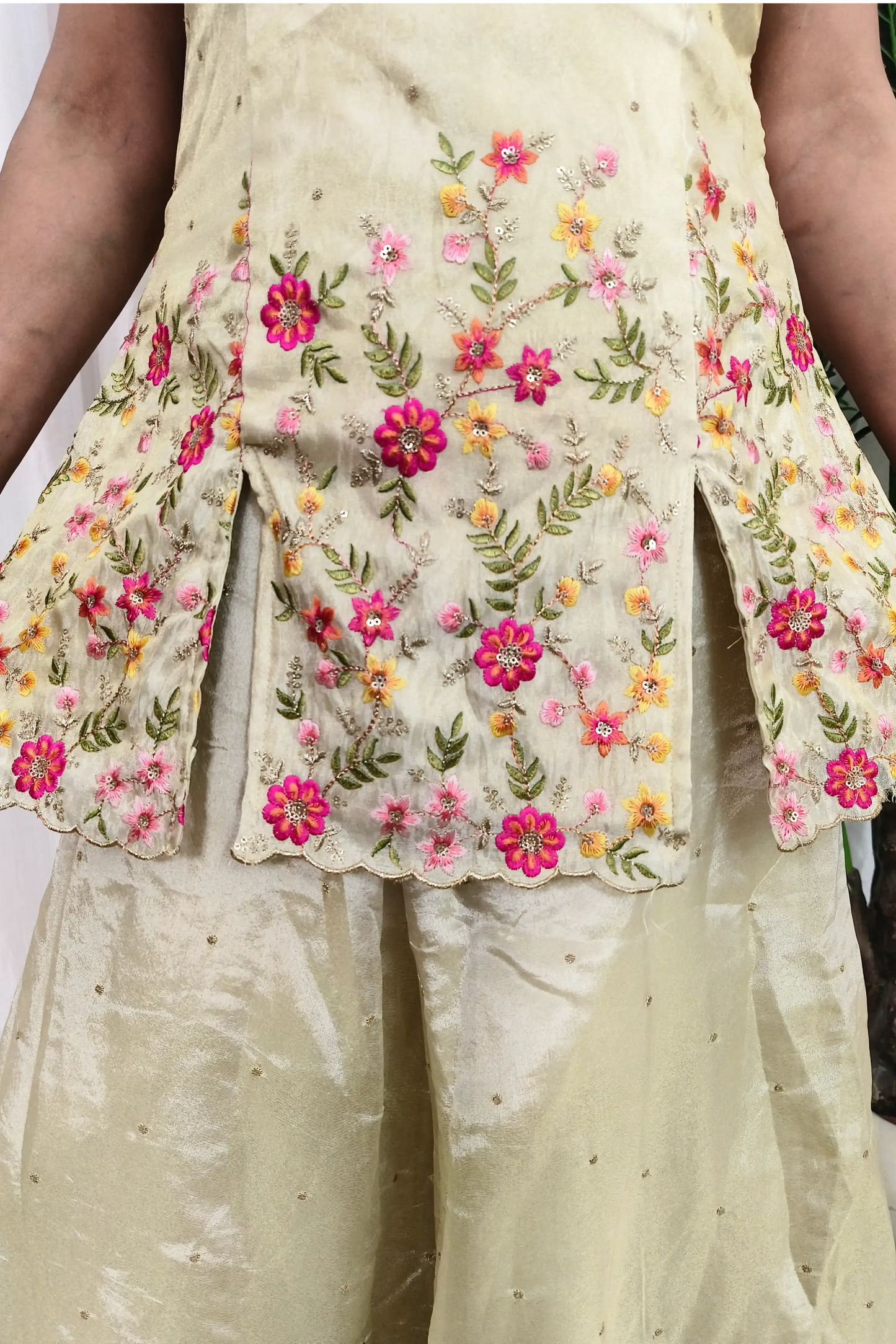 Cute Peplum Partywear Multi Embroidered Cord Set Style Off White Plazo Suit In Silk