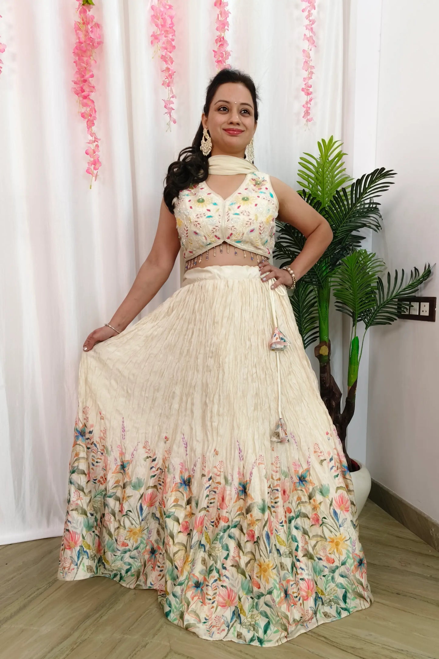 Hand Work Embroidered Crop Top With Chinnon Printed Skirt In Off White with Chiffon Duppatta