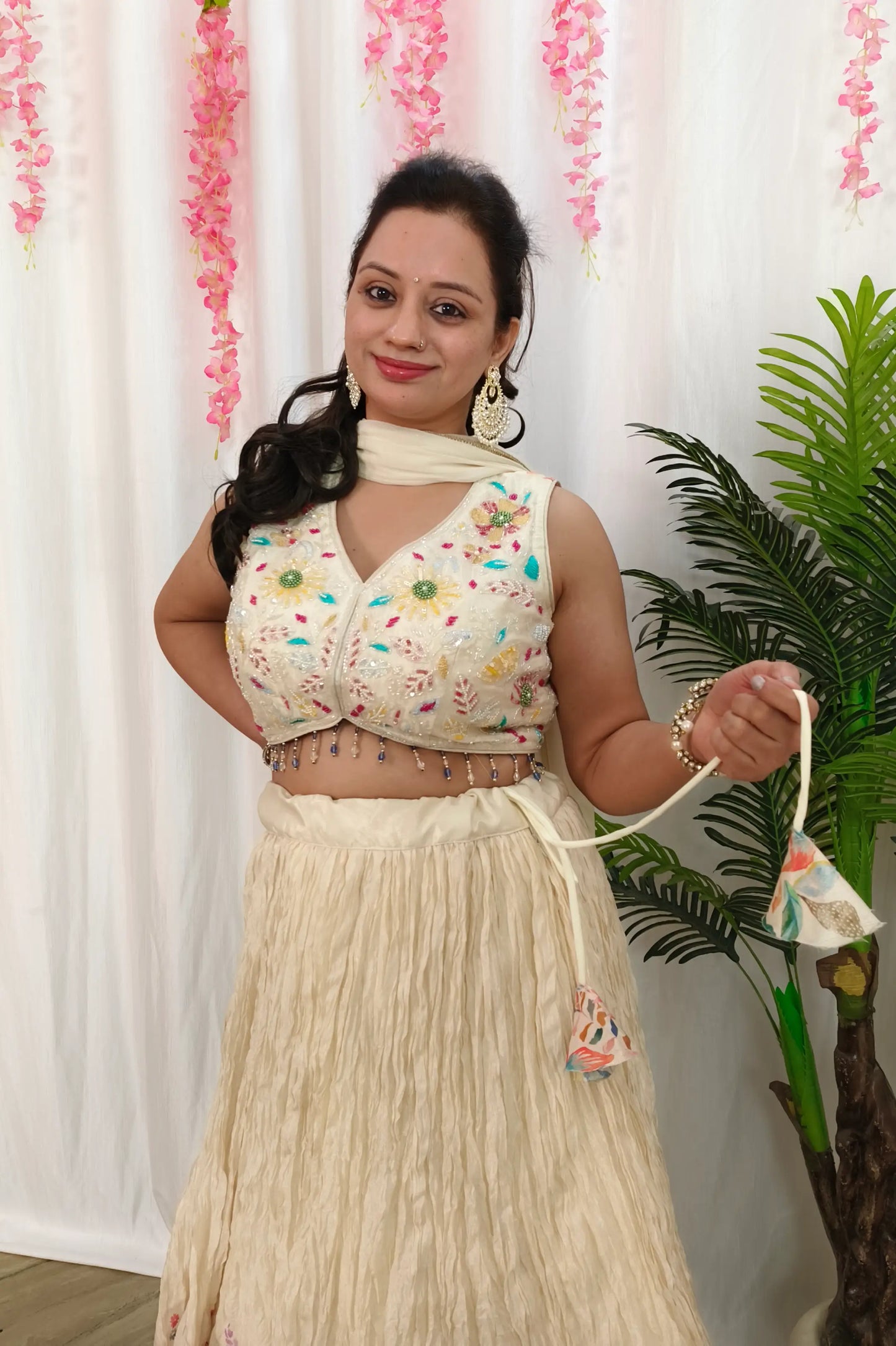 Hand Work Embroidered Crop Top With Chinnon Printed Skirt In Off White with Chiffon Duppatta