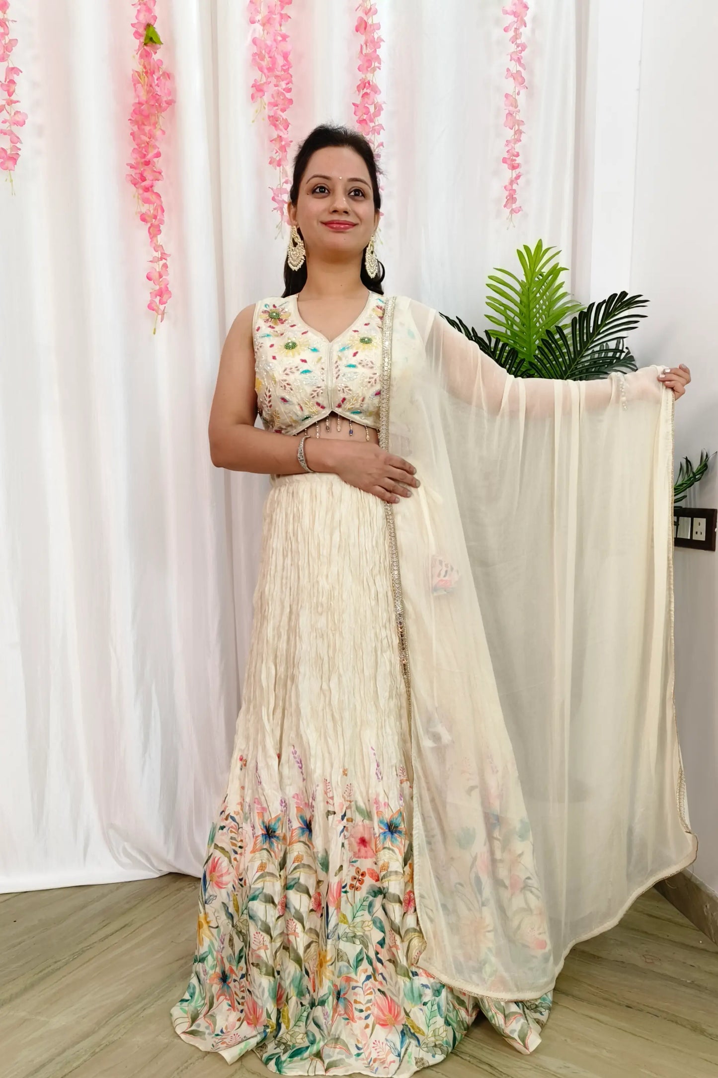 Hand Work Embroidered Crop Top With Chinnon Printed Skirt In Off White with Chiffon Duppatta