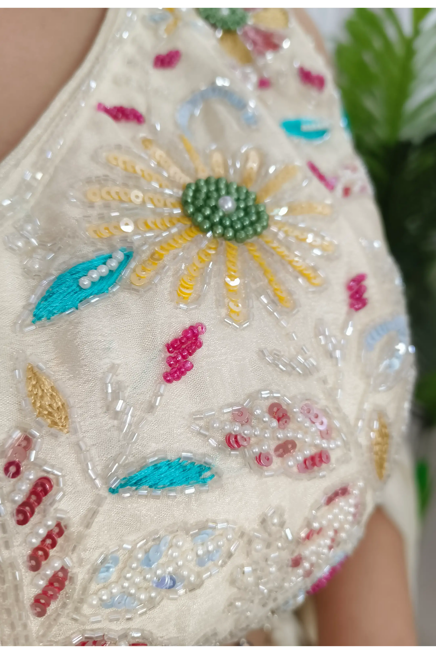 Hand Work Embroidered Crop Top With Chinnon Printed Skirt In Off White with Chiffon Duppatta