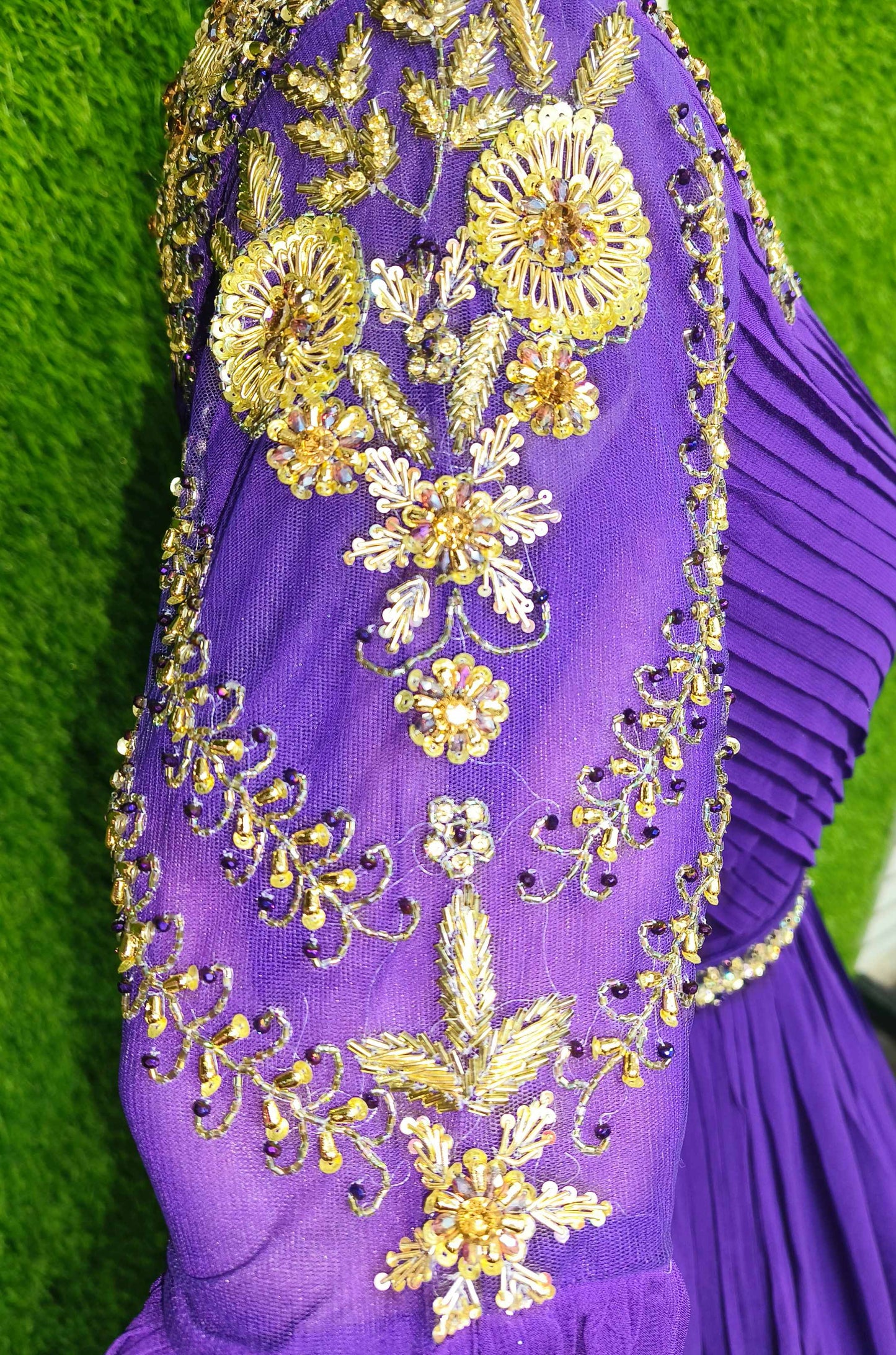 Beautiful Indowestern Side Shoulder Designer Dress With Long Duppatta Sleeve in Purple