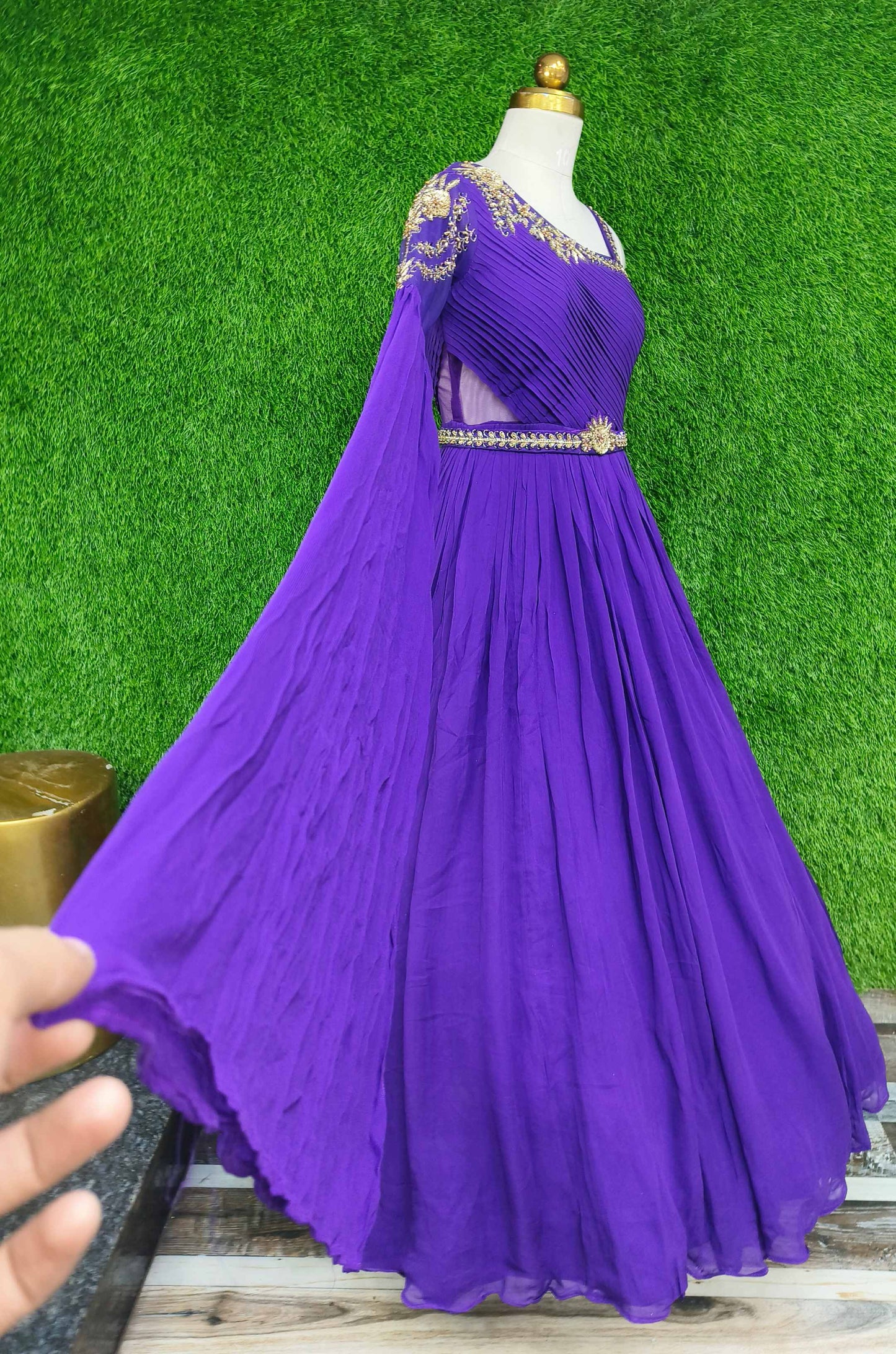 Beautiful Indowestern Side Shoulder Designer Dress With Long Duppatta Sleeve in Purple